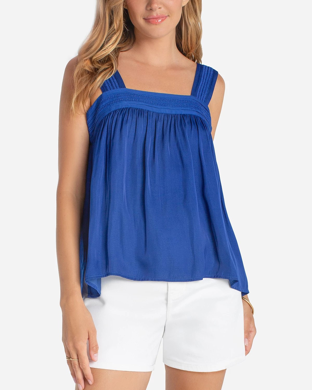 Deep Lapis Blue $|& Liverpool Sleeveless Woven Top with Pintucks Straps - VOF Detail