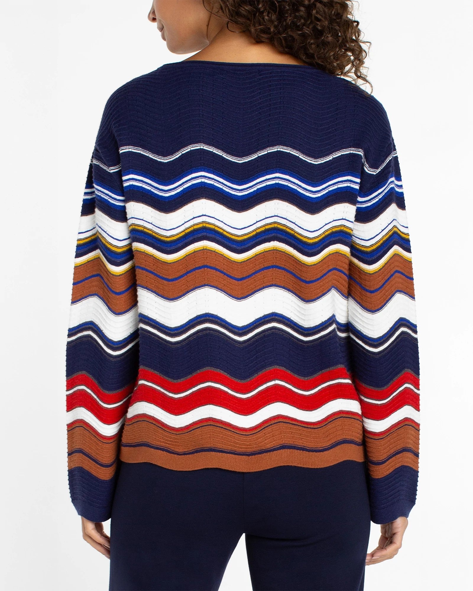 Navy/Brown/Multi Wavy Stripe $|& Liverpool Boat Neck Scallop Hem Sweater - Hanger Side