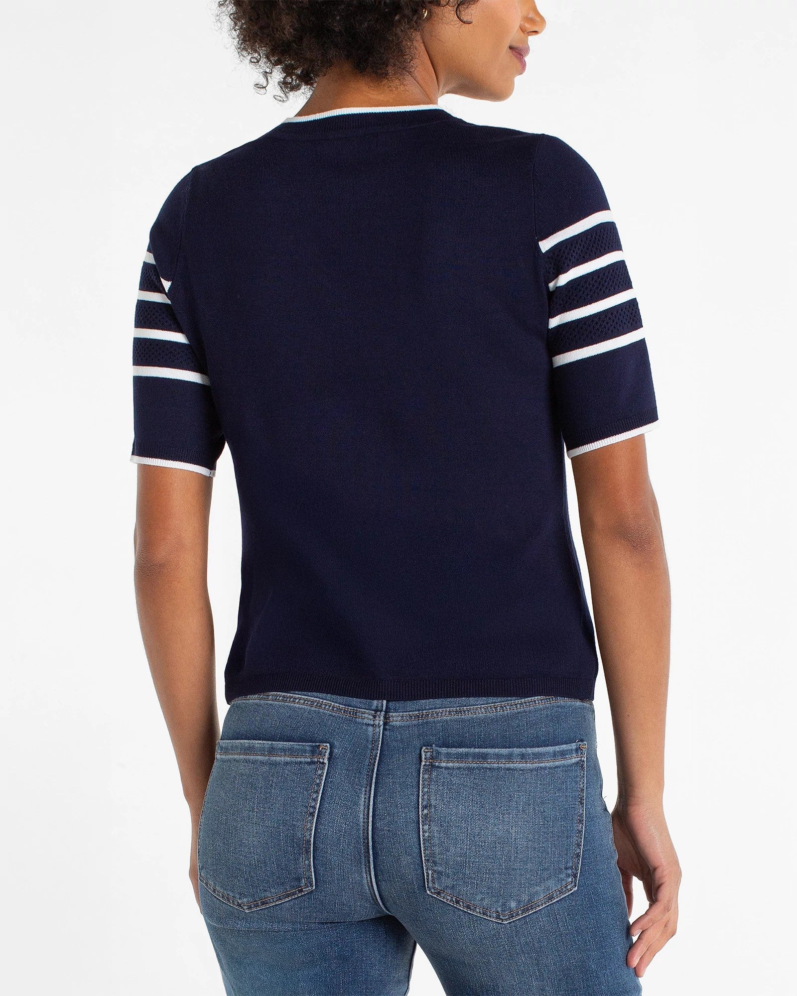 Navy/White Stripe $|& Liverpool Short Sleeve Crew Neck Sweater - Hanger Side