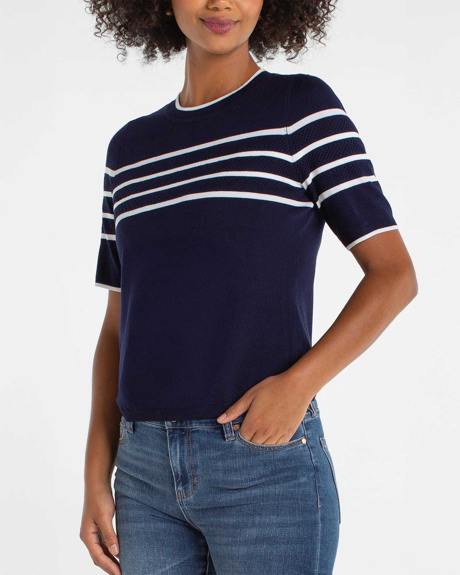 Navy/White Stripe $|& Liverpool Short Sleeve Crew Neck Sweater - VOF Detail