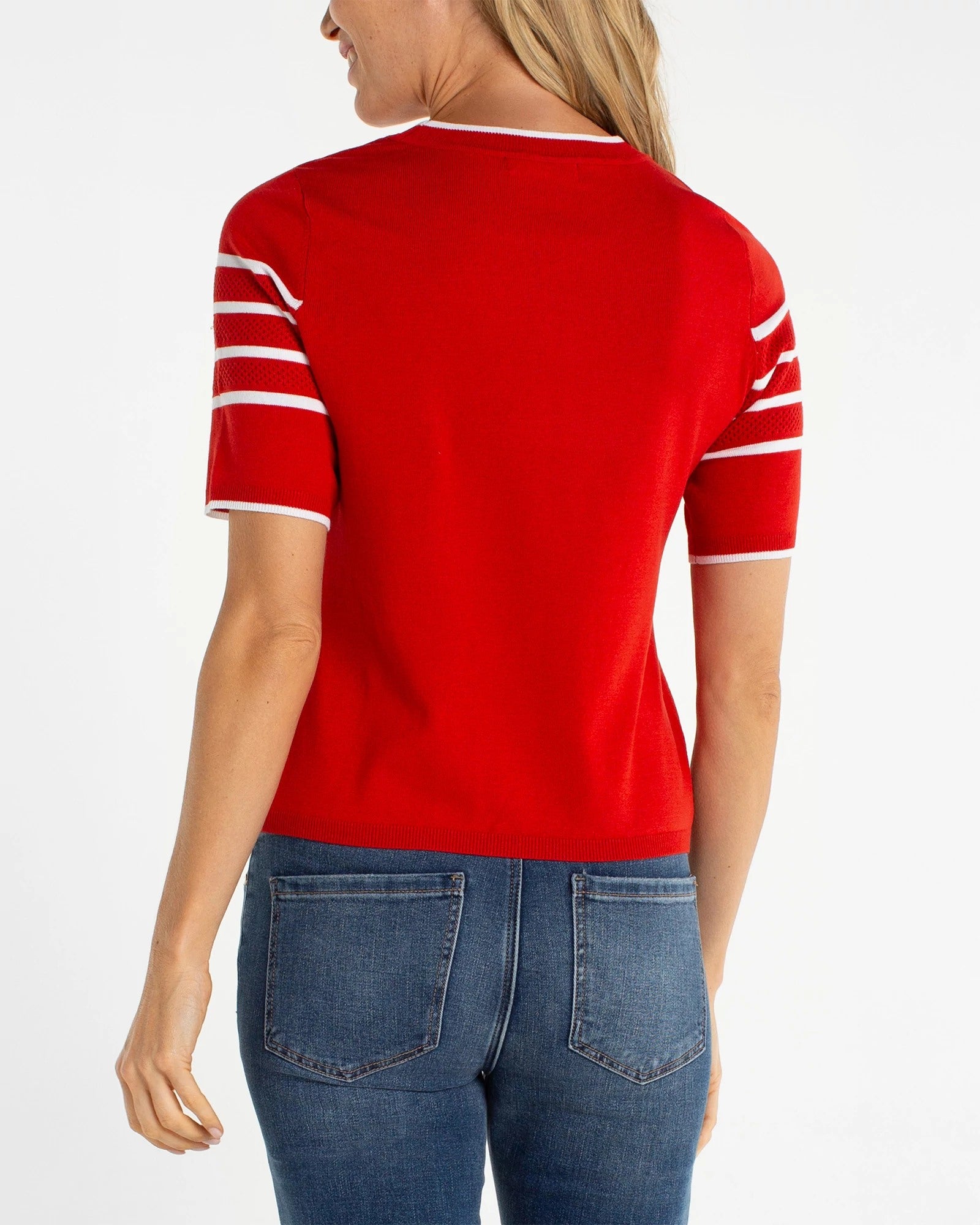Fire Brick/White Stripe $|& Liverpool Short Sleeve Crew Neck Sweater - Hanger Side