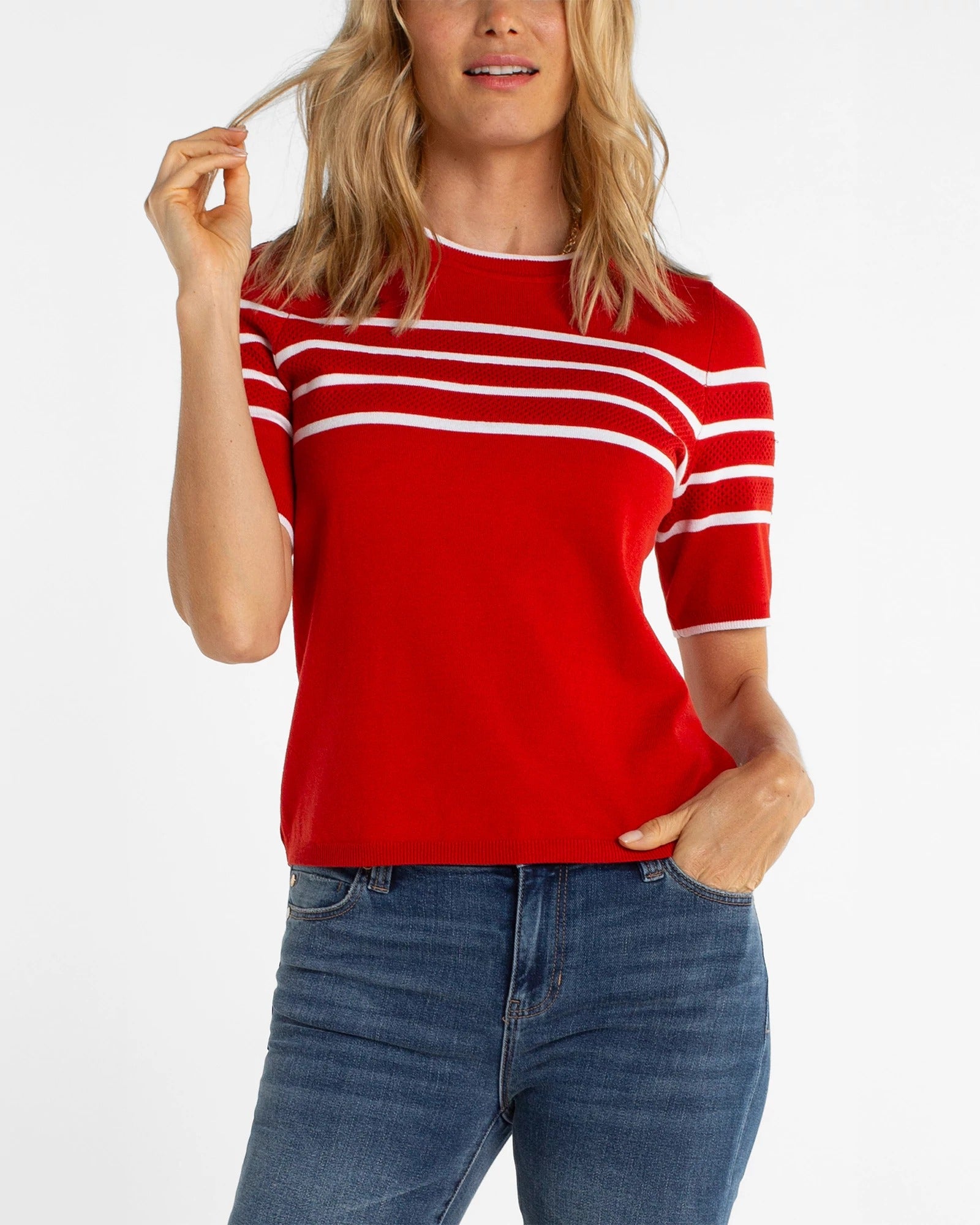Fire Brick/White Stripe $|& Liverpool Short Sleeve Crew Neck Sweater - VOF Detail