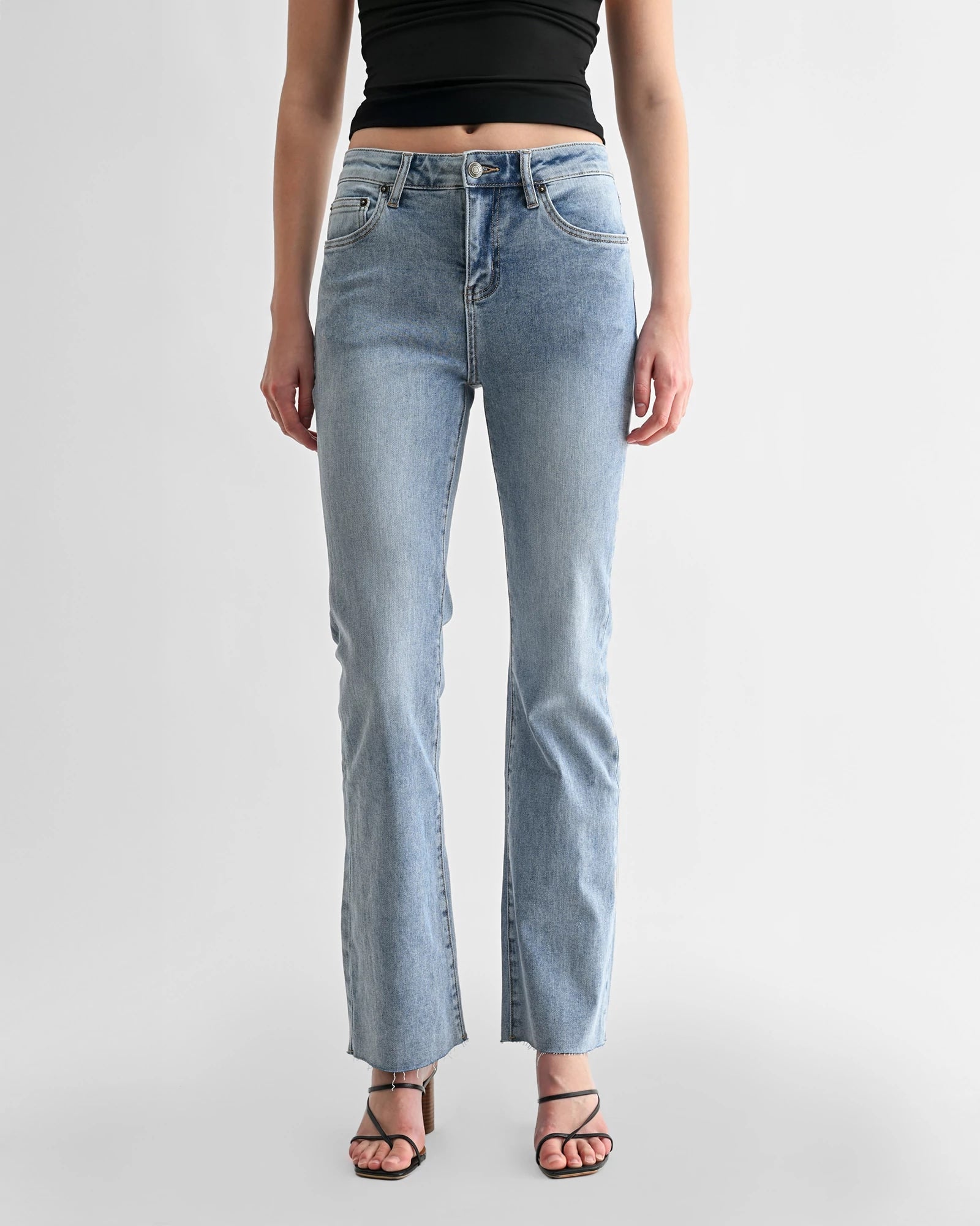 French Blue $|& Mica Denim High Rise Bootcut Jeans with Raw Hem - VOF Detail