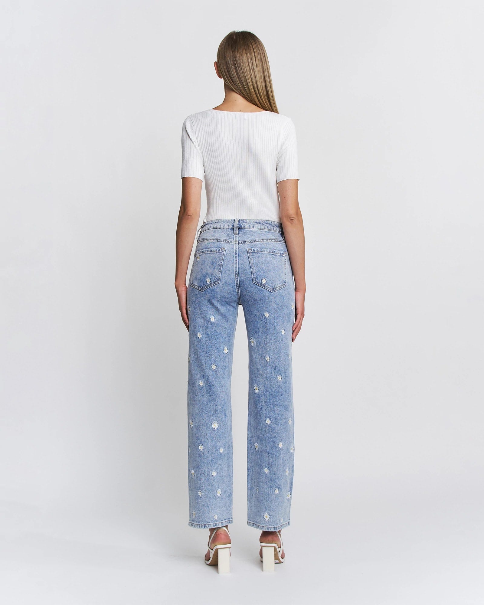 Mid Blue $|& Mica Denim High Rise Embroidered Straight Leg Jean - Hanger Side
