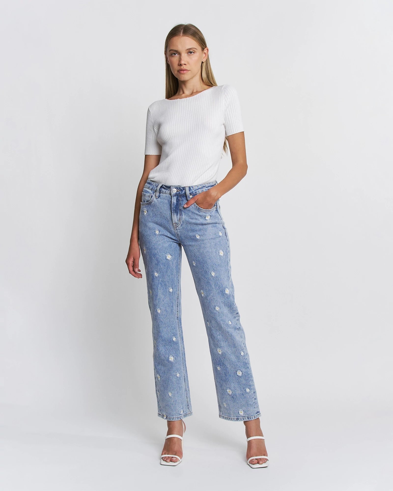 Mid Blue $|& Mica Denim High Rise Embroidered Straight Leg Jean - VOF Detail