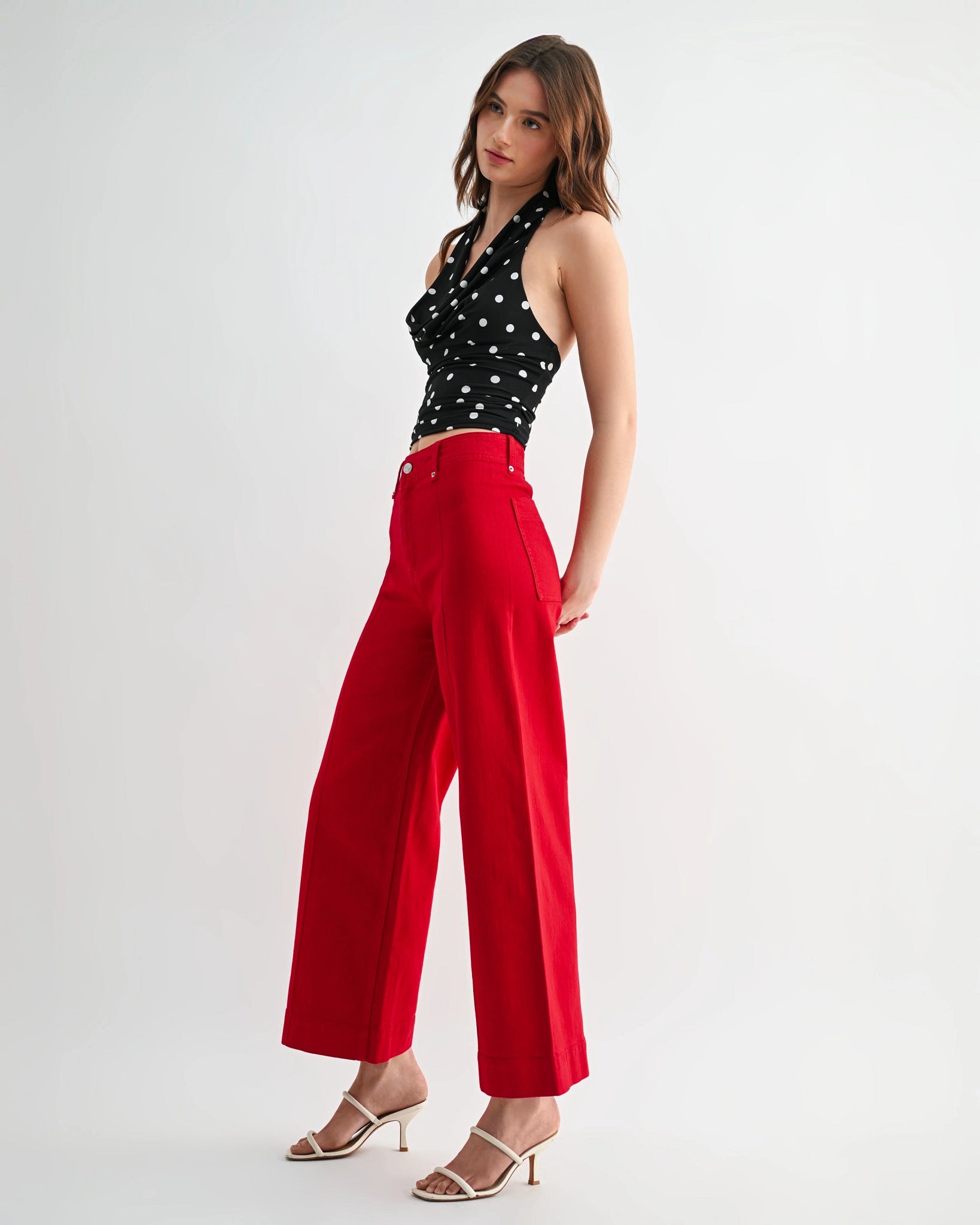 Cornell Red $|& Mica Denim High Rise Ankle Wide Leg Pant - Hanger Front