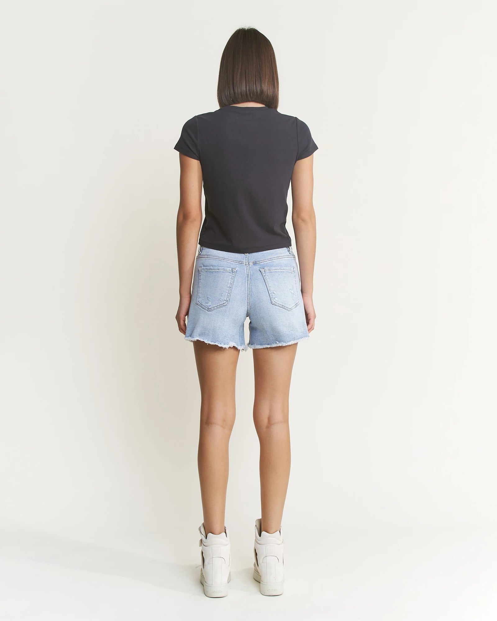 City Blue $|& Mica Denim High Rise Shorts with Frayed Hem - Hanger Side