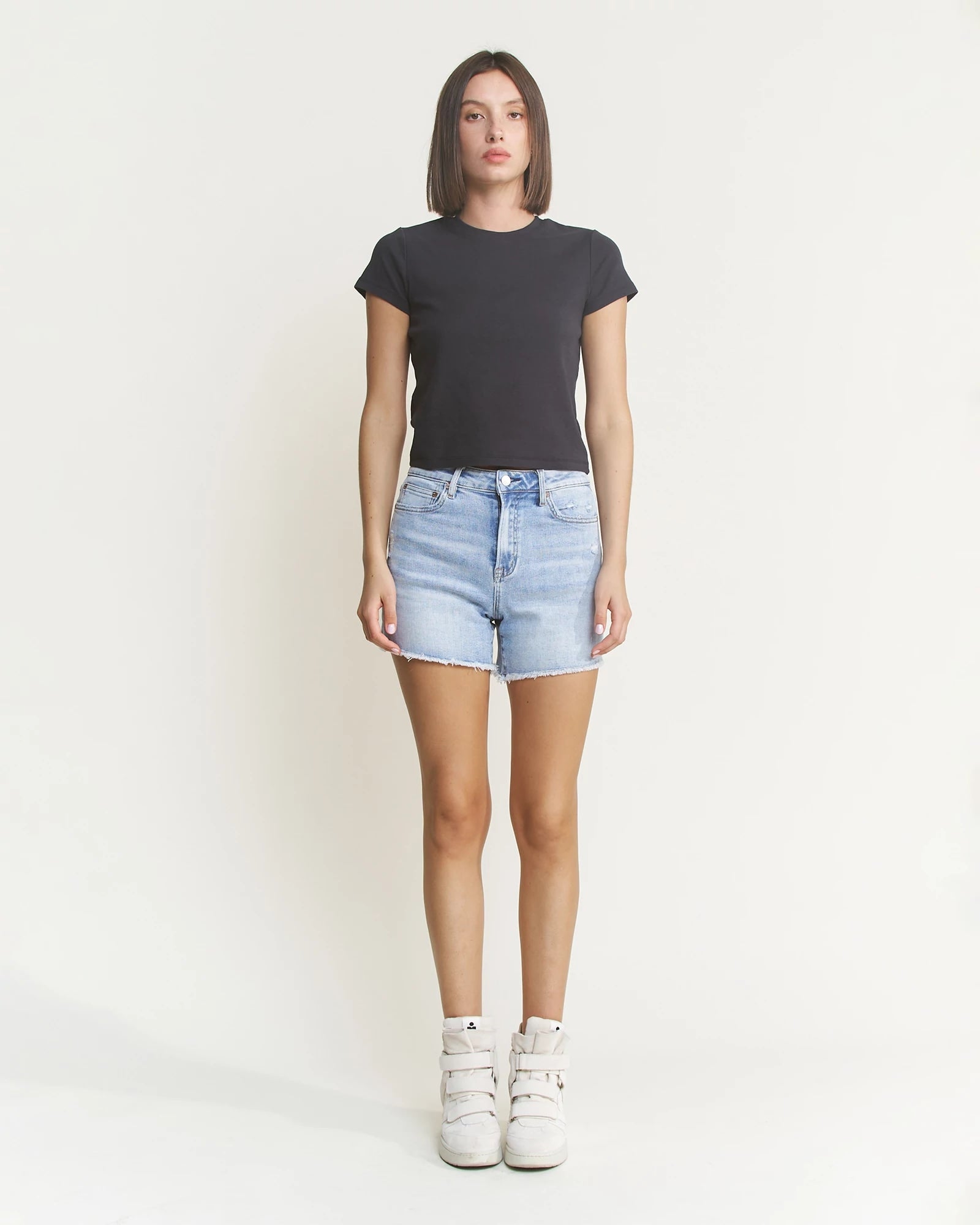 City Blue $|& Mica Denim High Rise Shorts with Frayed Hem - VOF Detail