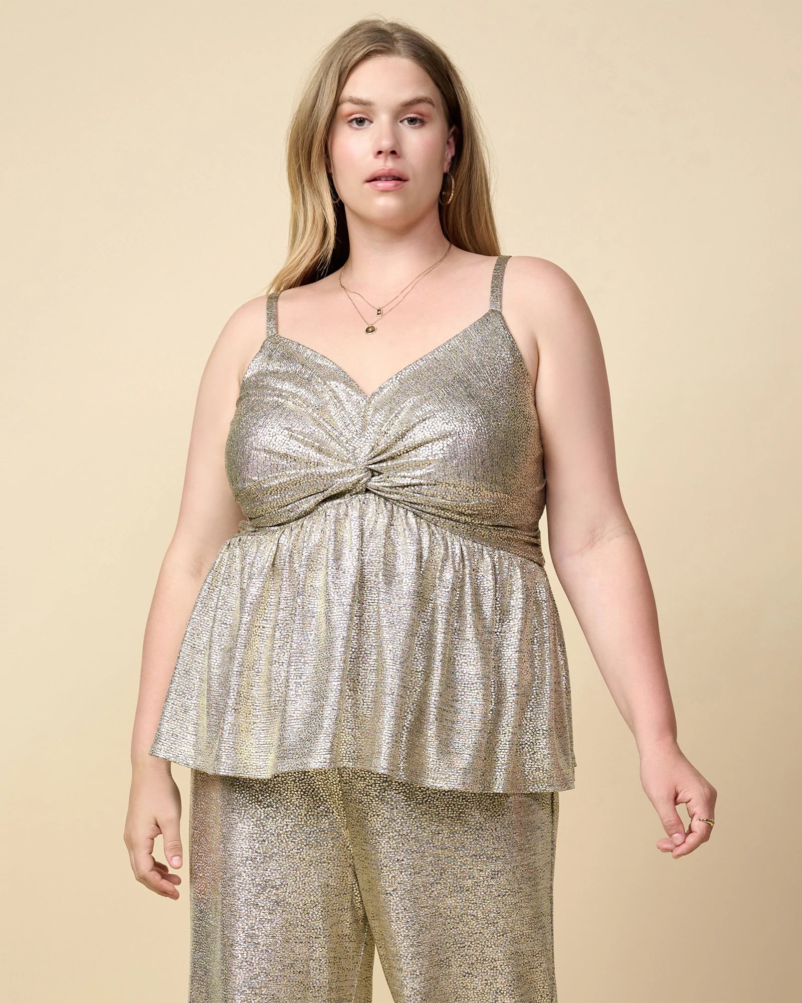 Champagne $|& Skies Are Blue Shimmer Tie Front Knot Tank Top - VOF Detail