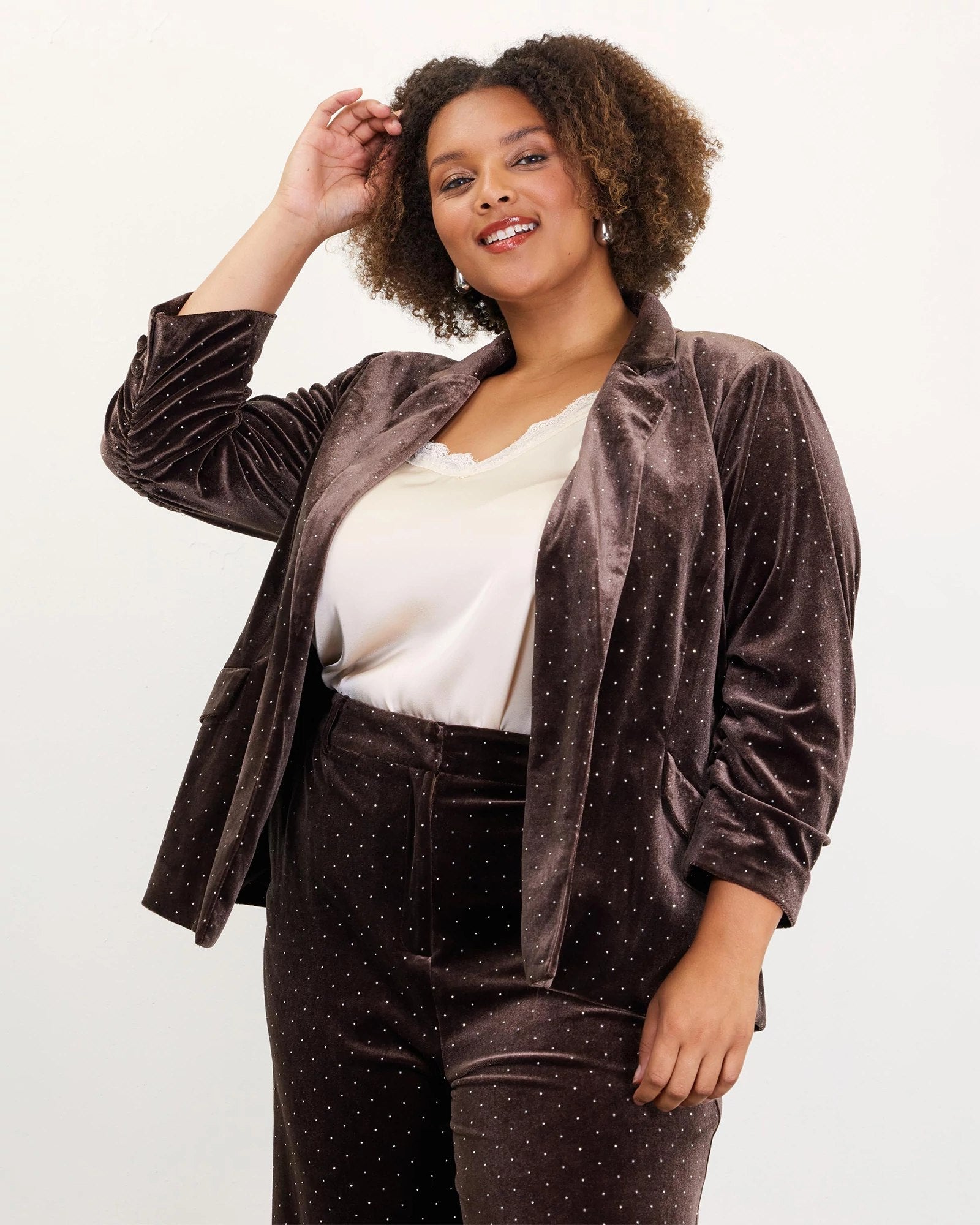 Brown $|& Skies Are Blue Ruched Sleeve Studded Velvet Blazer - VOF Detail