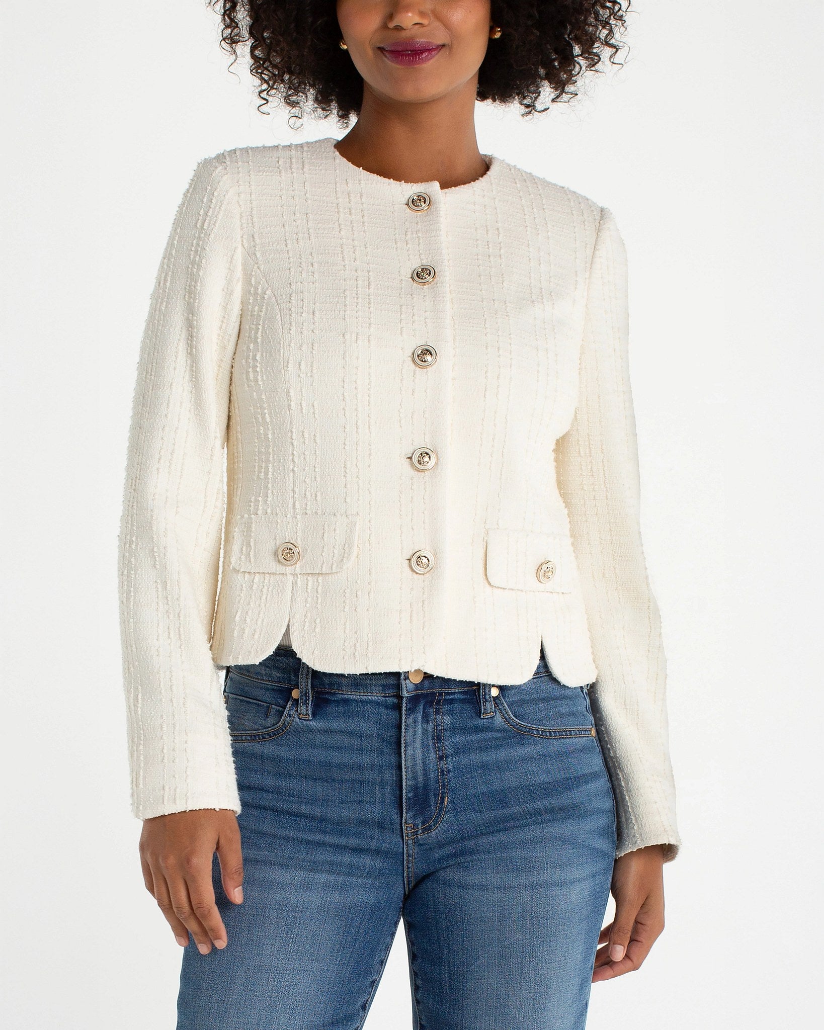 Cream Boucle $|& Liverpool Collarless Boucle Jacket With Scalloped Hem - VOF Detail