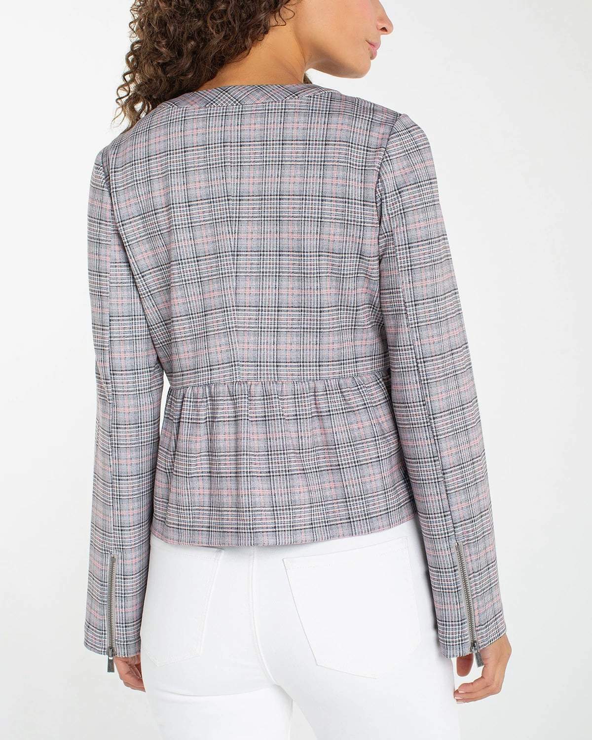 Grey/Blush Glen Plaid $|& Liverpool Zip Front Peplum Jacket - Hanger Side