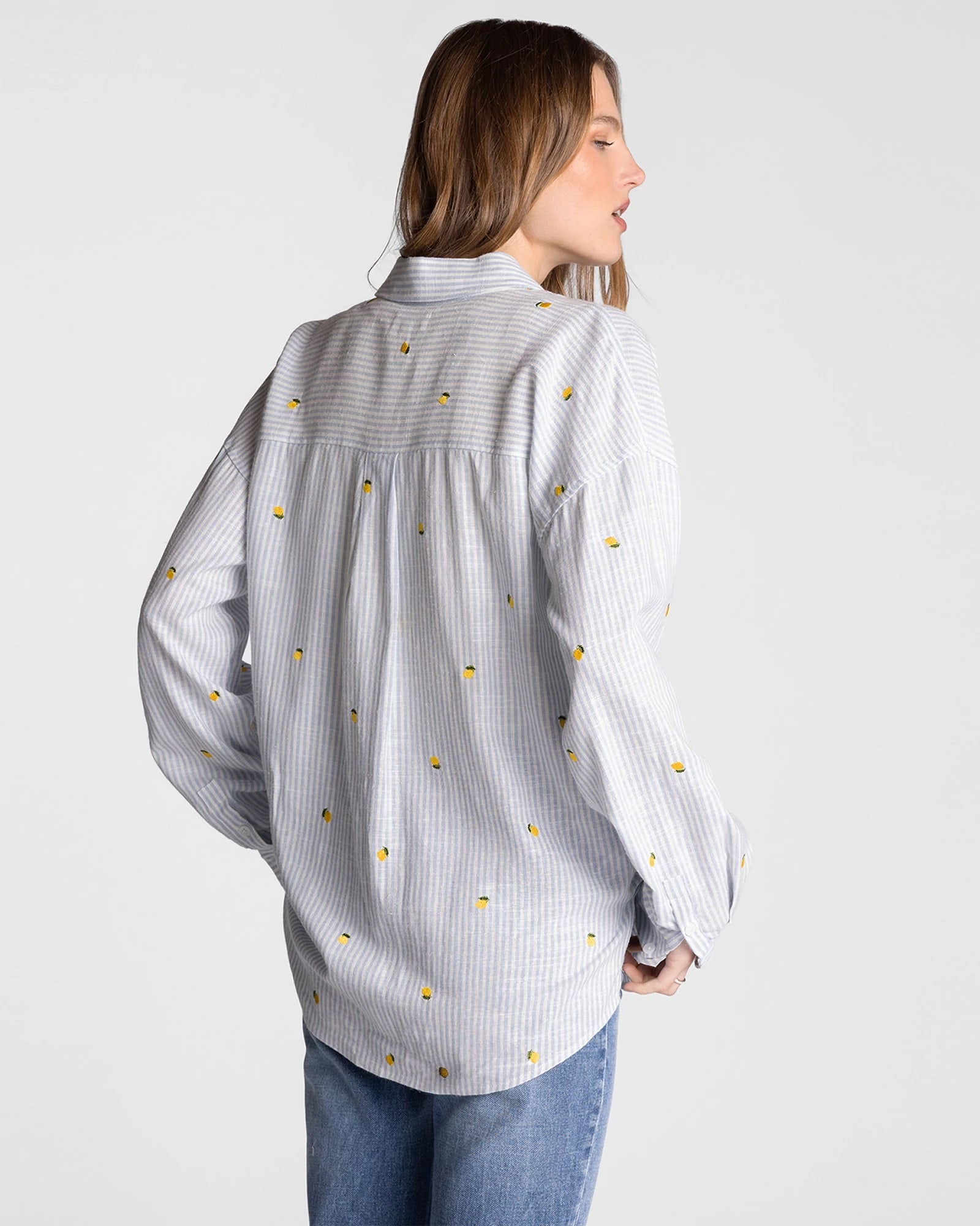 Blue Stripe Lemon $|& Thread & Supply Yesenia Embroidered Shirt - Hanger Side