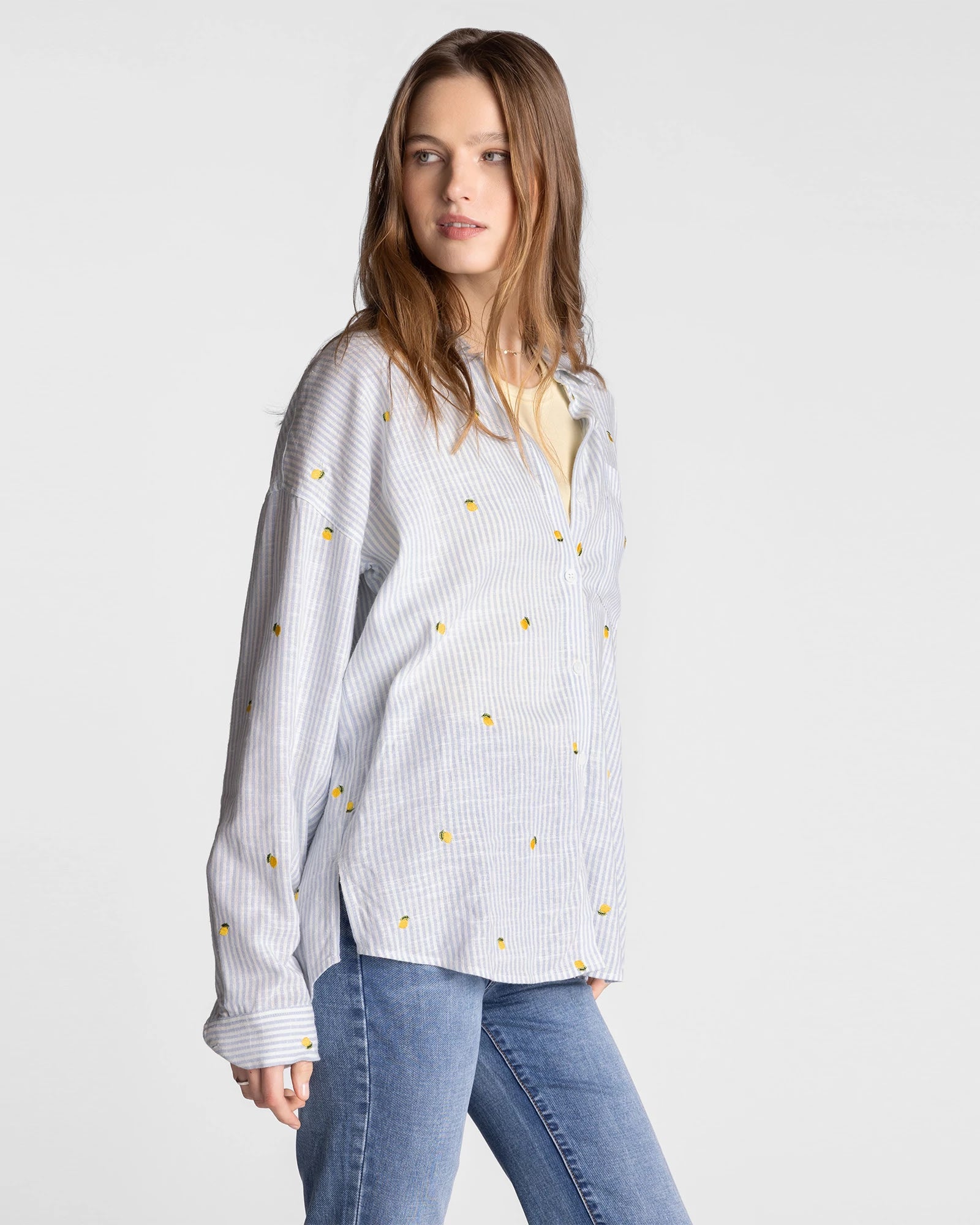 Blue Stripe Lemon $|& Thread & Supply Yesenia Embroidered Shirt - Hanger Front