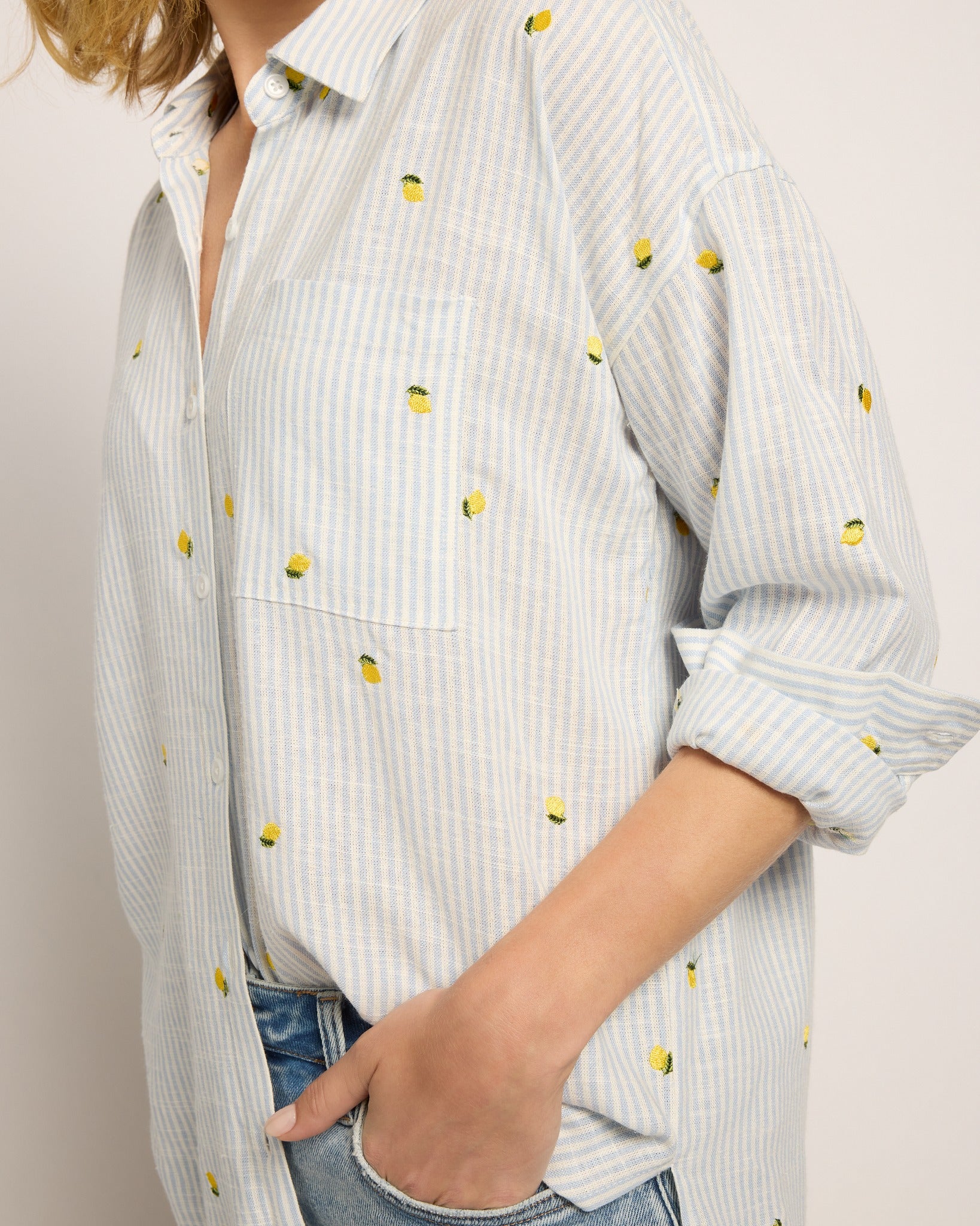 Blue Stripe Lemon $|& Thread & Supply Yesenia Embroidered Shirt - SOF Full Front