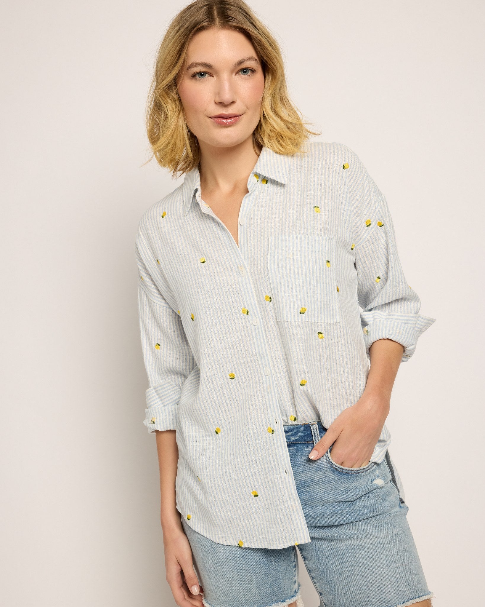 Blue Stripe Lemon $|& Thread & Supply Yesenia Embroidered Shirt - SOF Front