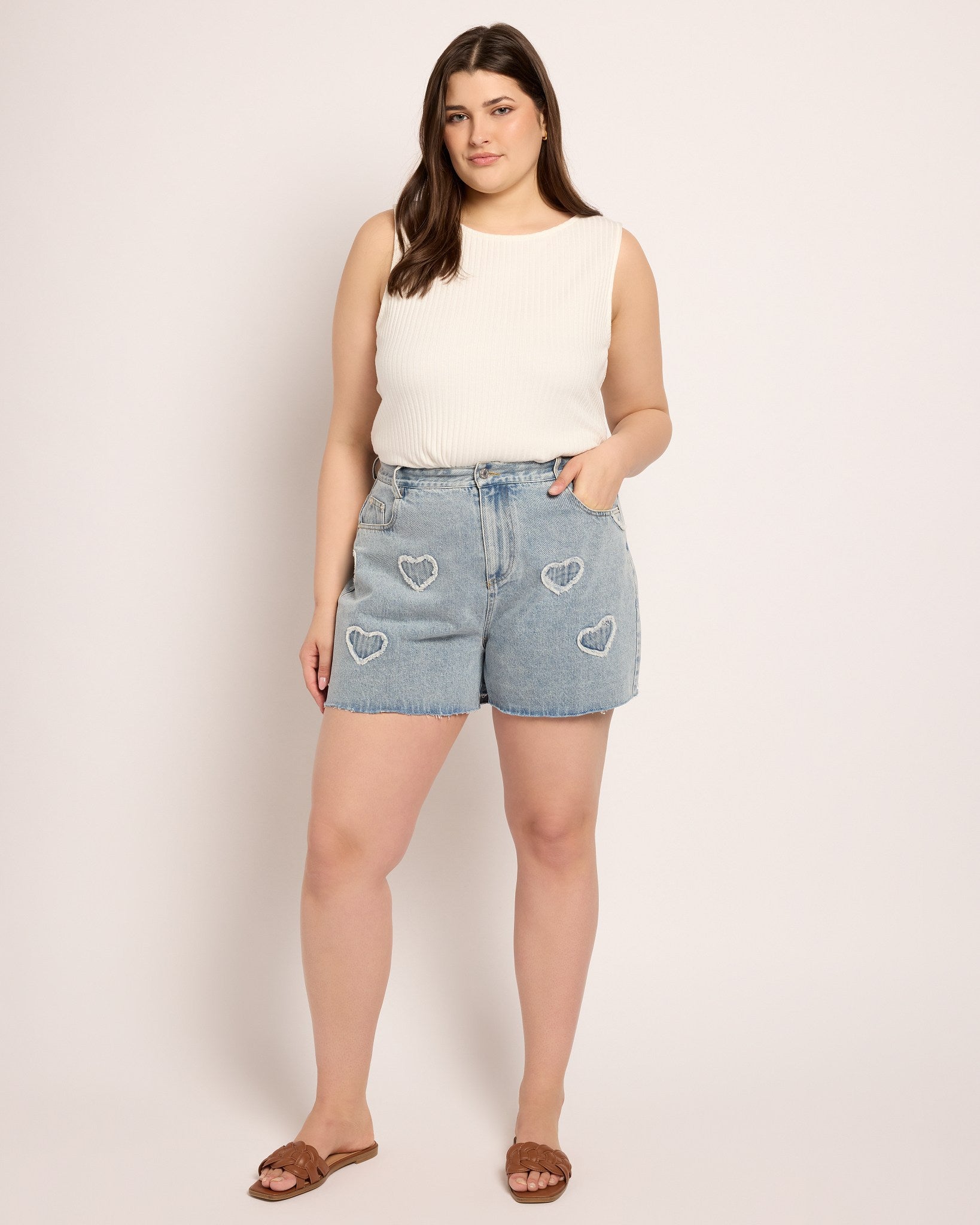 Light Wash $|& Cloud Ten Heart Embroidered Frayed Denim Shorts - UGC On Fig