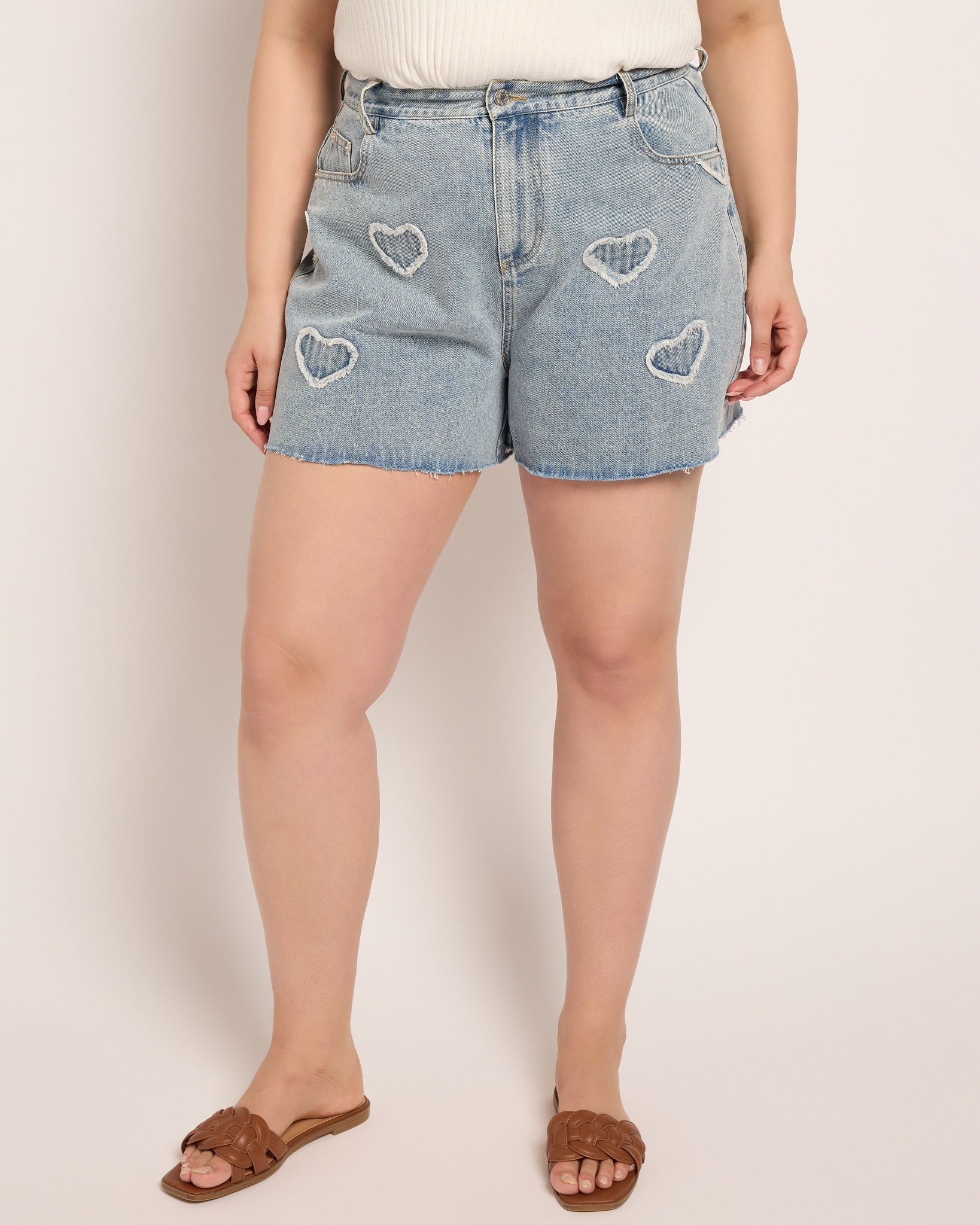 Light Wash $|& Cloud Ten Heart Embroidered Frayed Denim Shorts - SOF Front