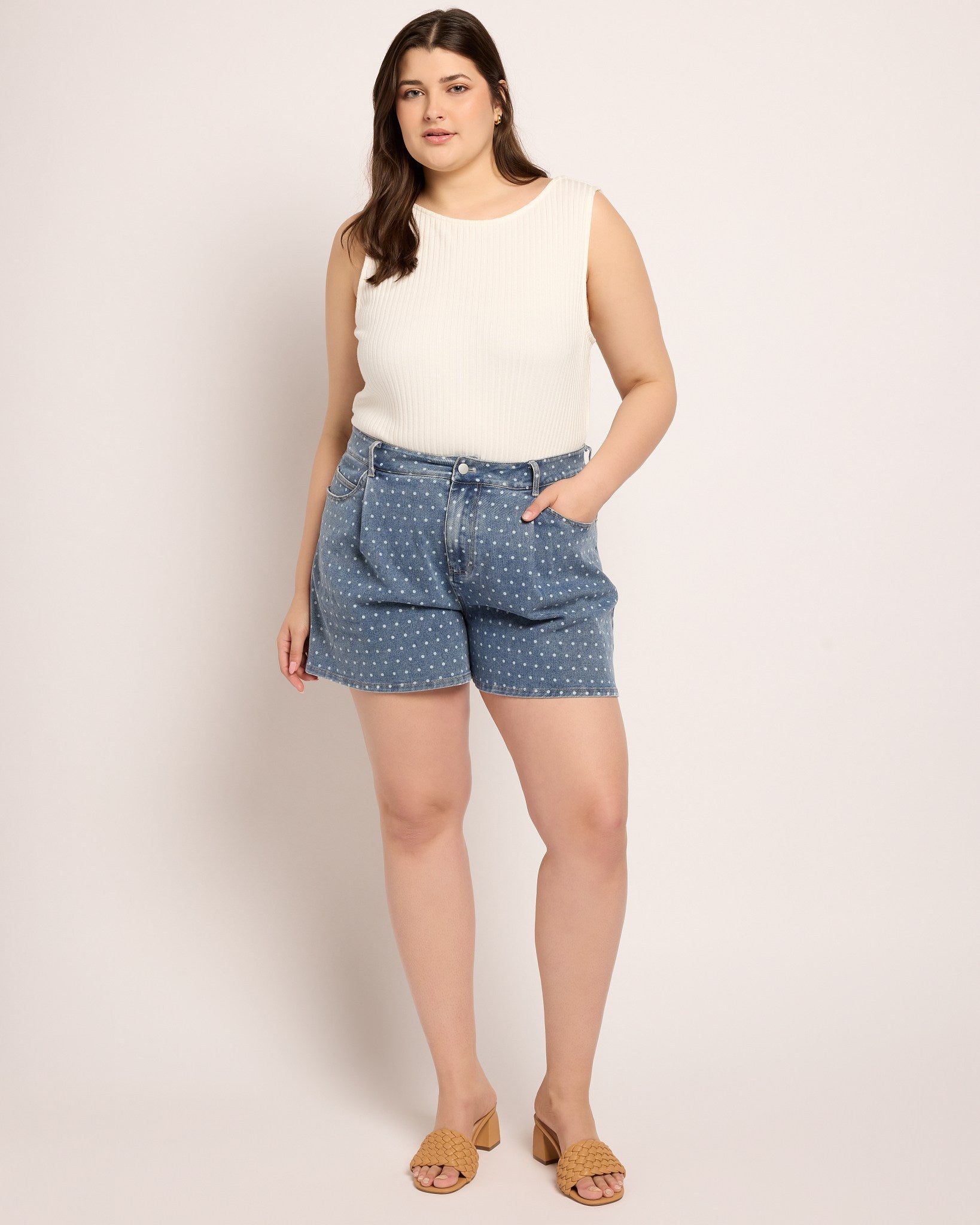 Medium Wash $|& Cloud Ten Polka Dot Pleated Denim Shorts - UGC On Fig