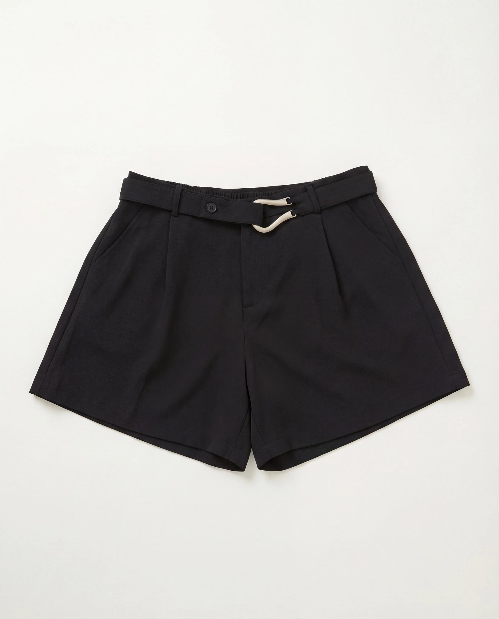 Black $|& Cloud Ten Belt Accent Pleated Shorts - Hanger Detail