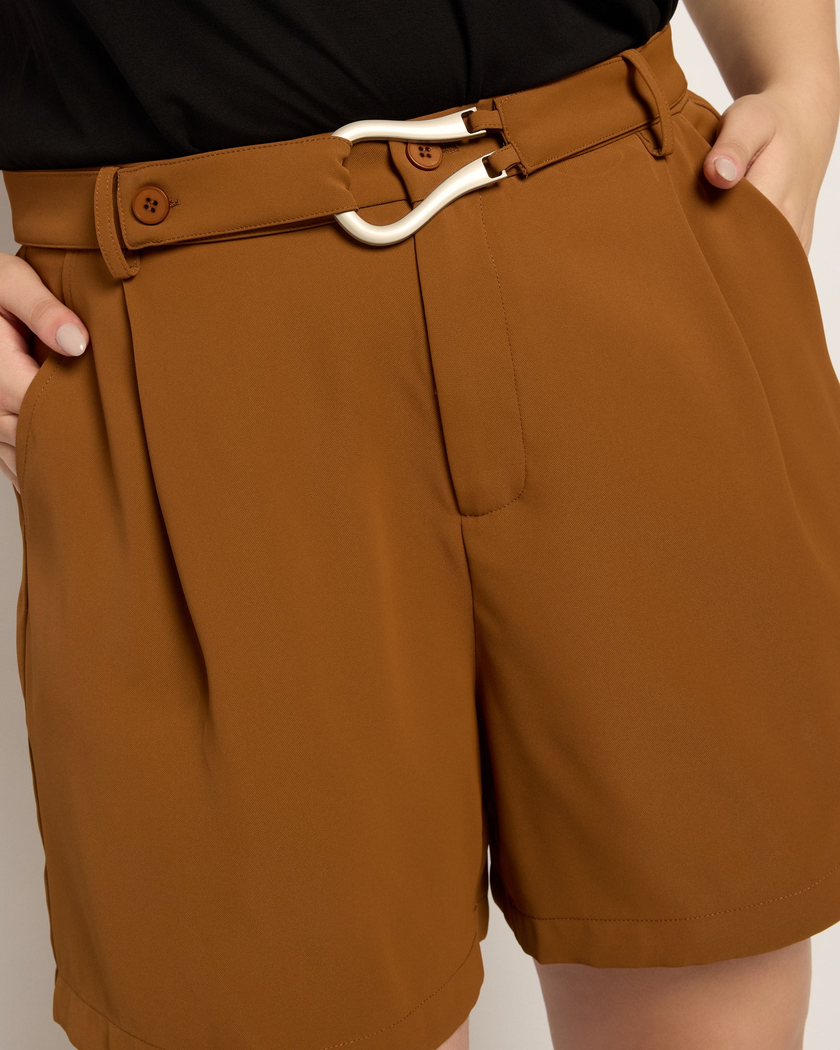 Brown $|& Cloud Ten Belt Accent Pleated Shorts - SOF Full Front