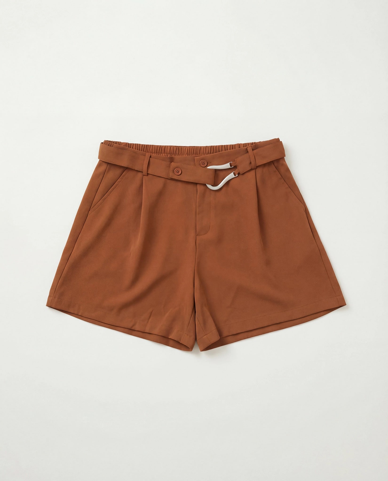 Brown $|& Cloud Ten Belt Accent Pleated Shorts - Hanger Detail
