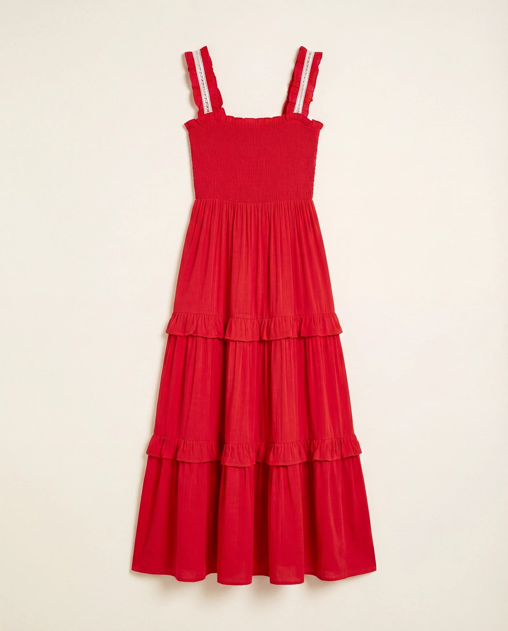 Red $|& Apricot Smocked Crochet Lace Tiered Dress - Hanger Detail