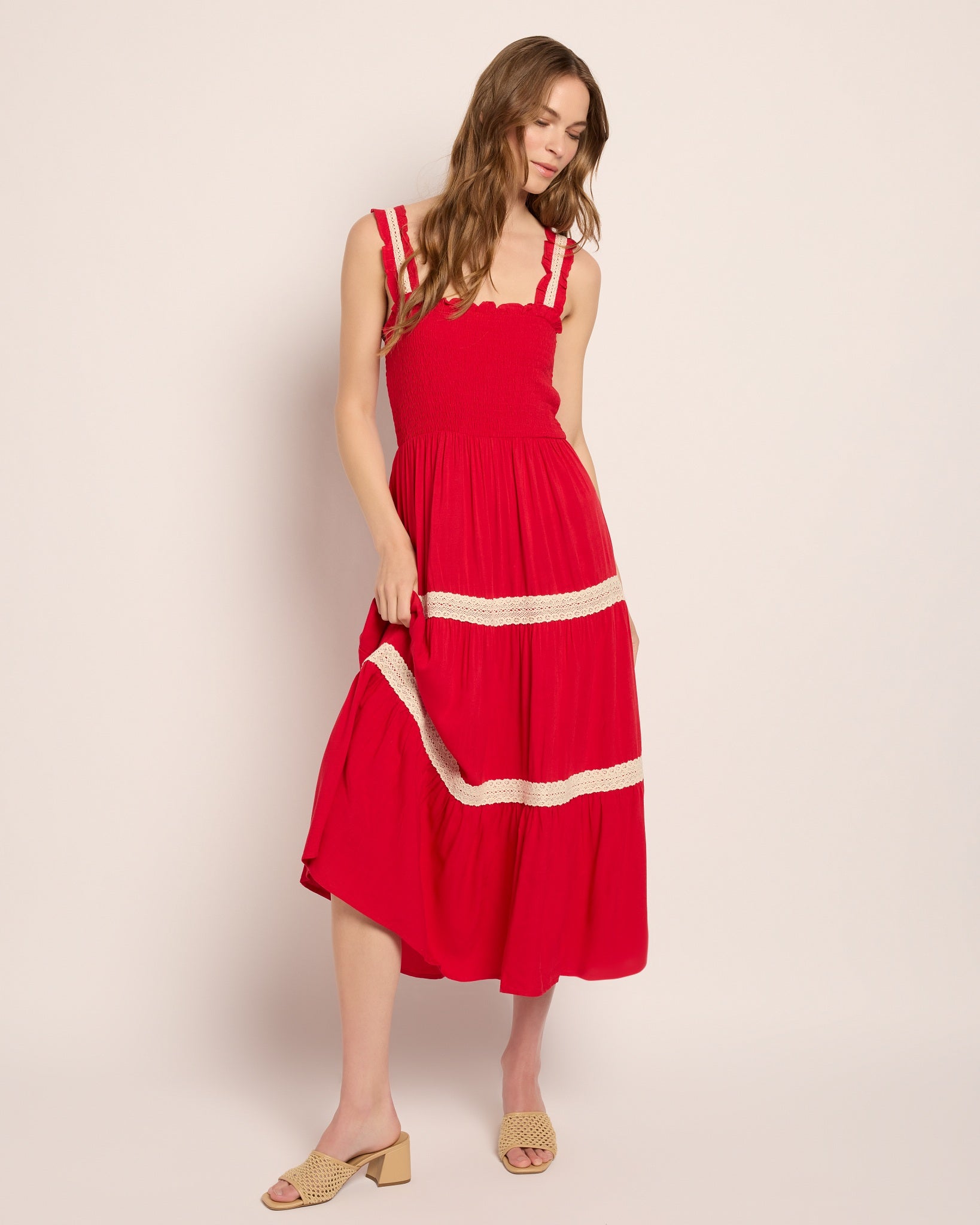 Red $|& Apricot Smocked Crochet Lace Tiered Dress - SOF Front