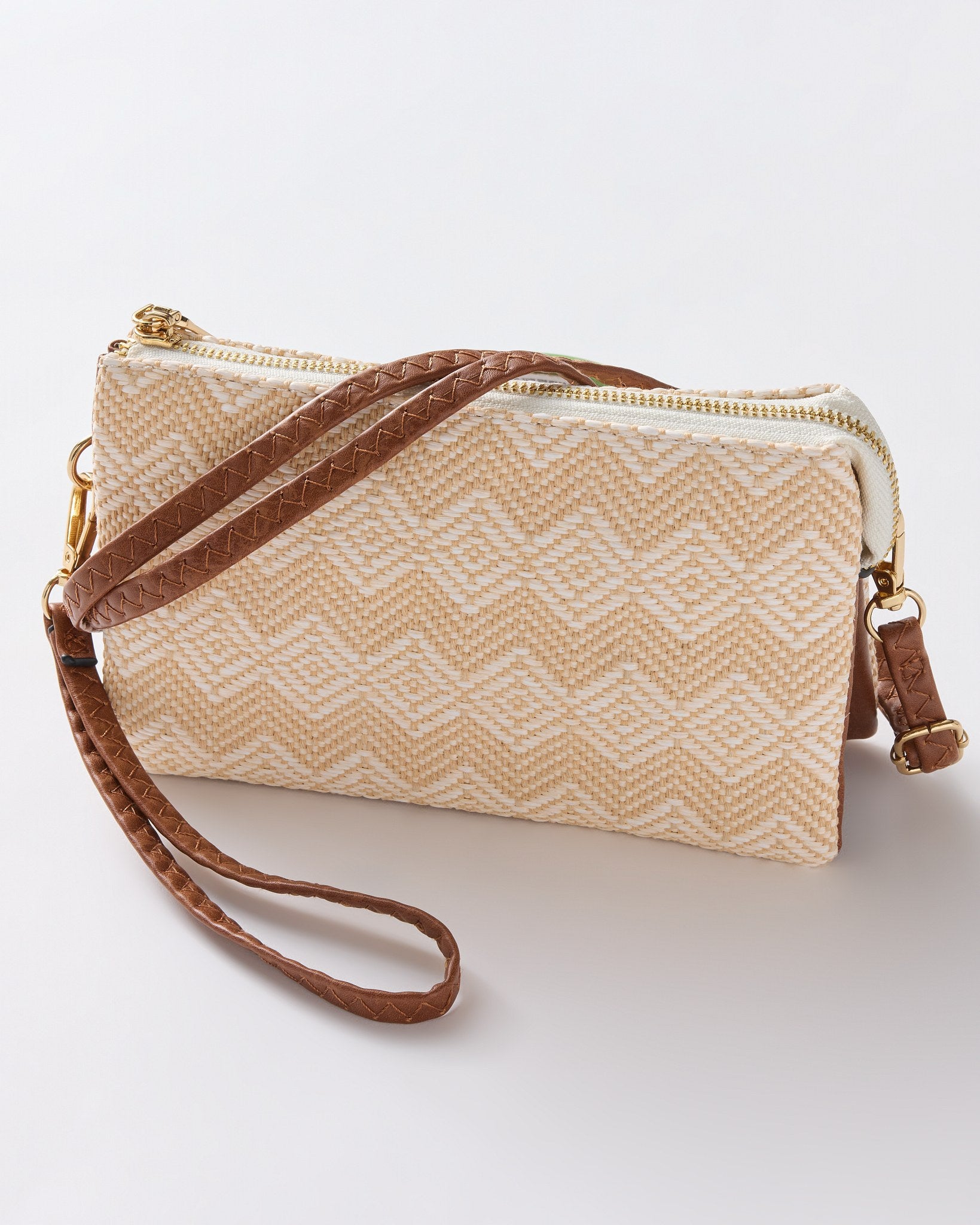 Beige $|& Jen & Co. Riley Woven Diamond Pattern Crossbody/Wristlet - Hanger Detail