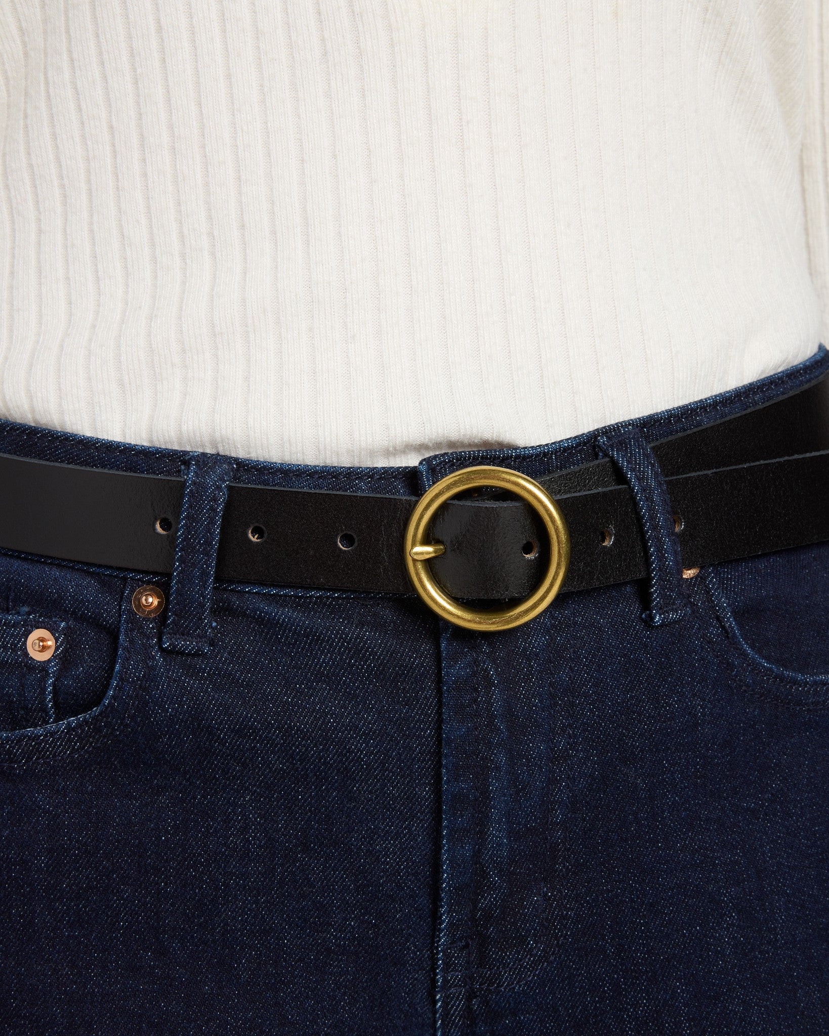 Black $|& Most Wanted USA Brass Toned Circle Buckle Leather Belt - SOF Full Front