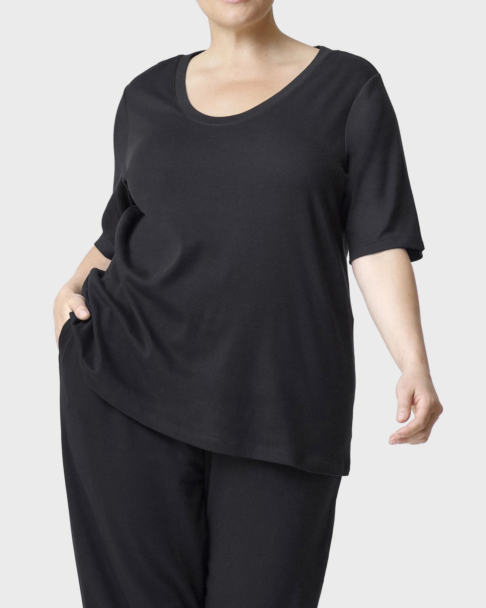 Black $|& HUE Elbow Sleeve U-Neck Lounge Tee - VOF Detail