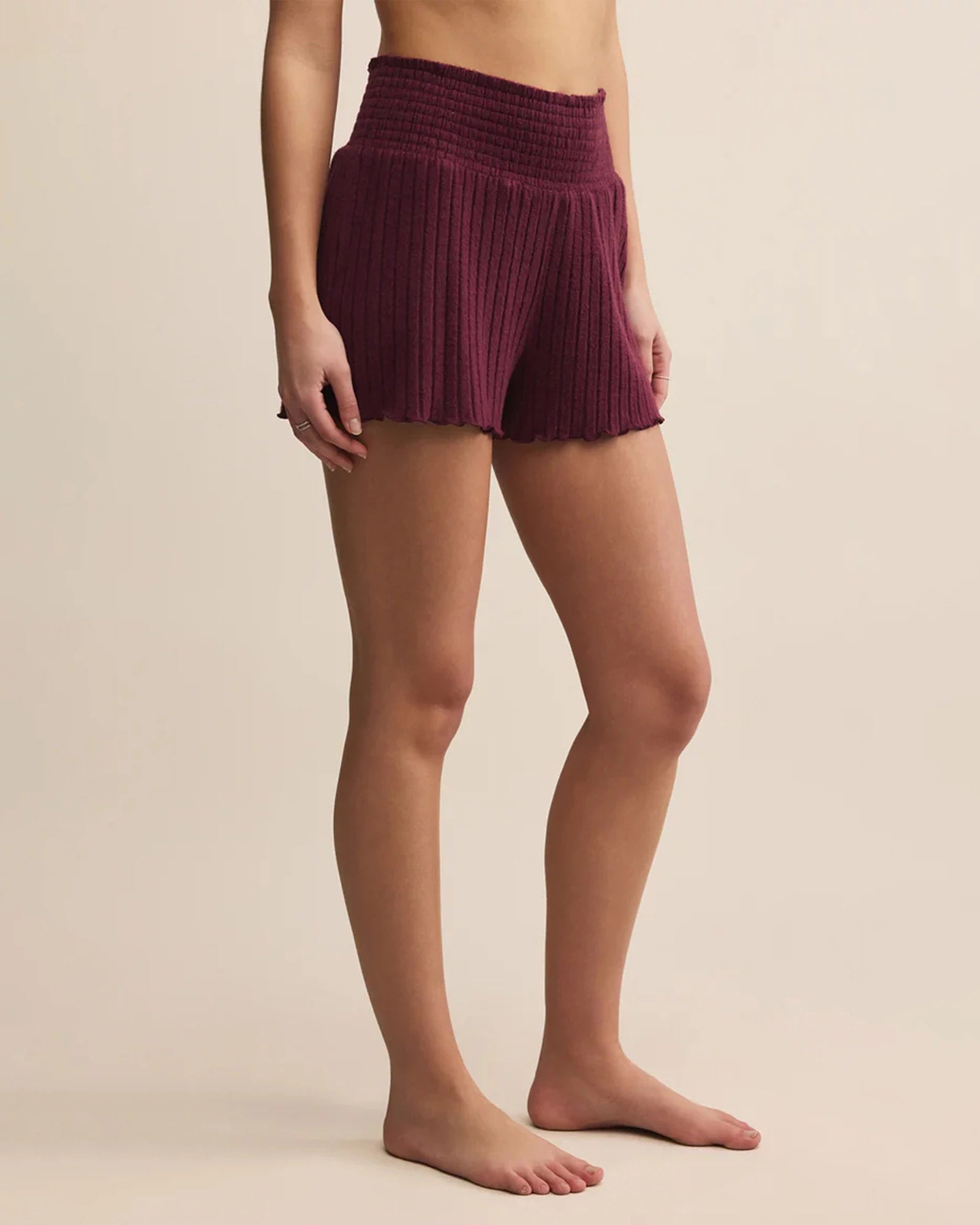 Merlot $|& Z Supply Dawn Smocked Ribbed Short - Hanger Front