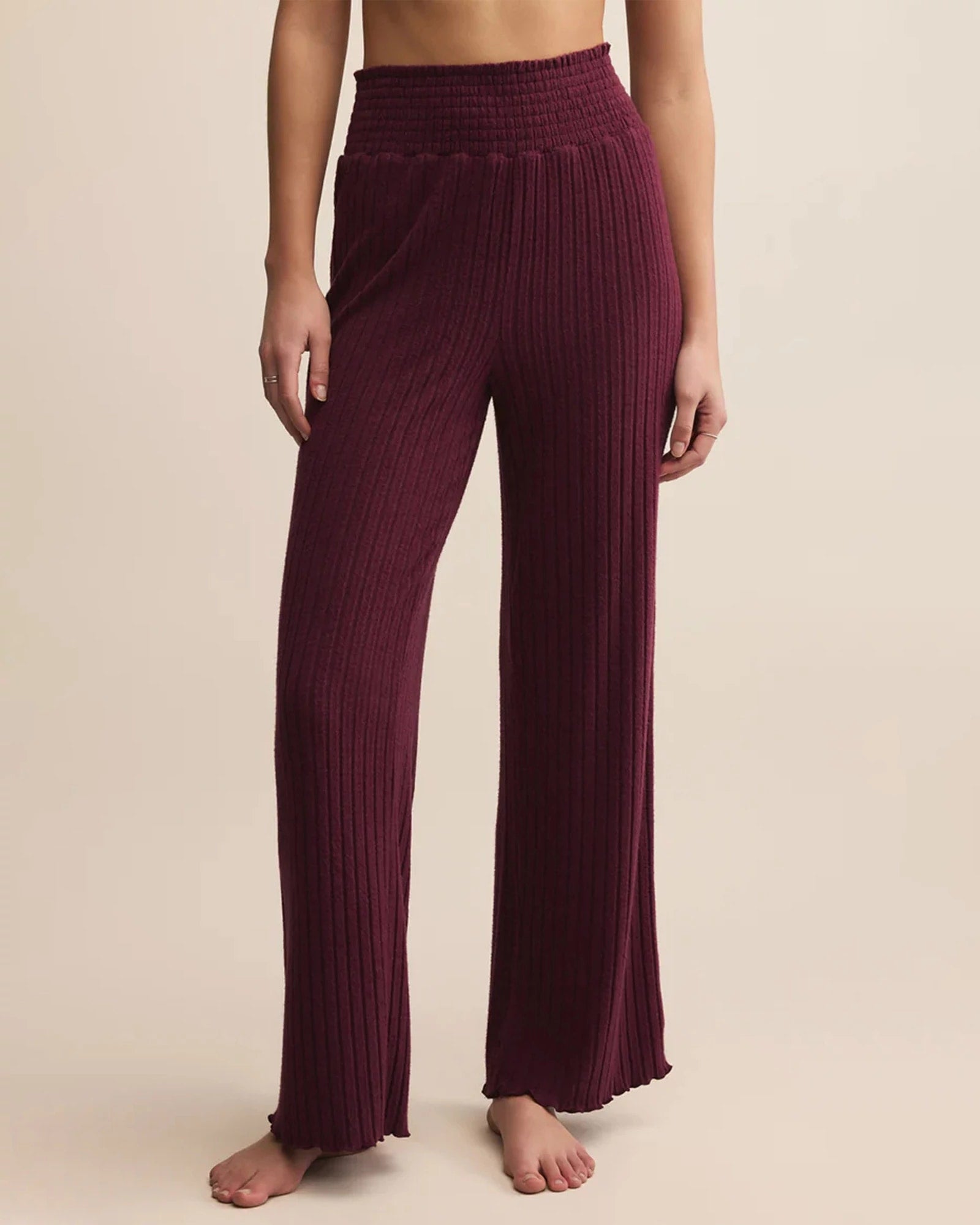 Merlot $|& Z Supply Lounge Dawn Smocked Ribbed Pant - VOF Detail