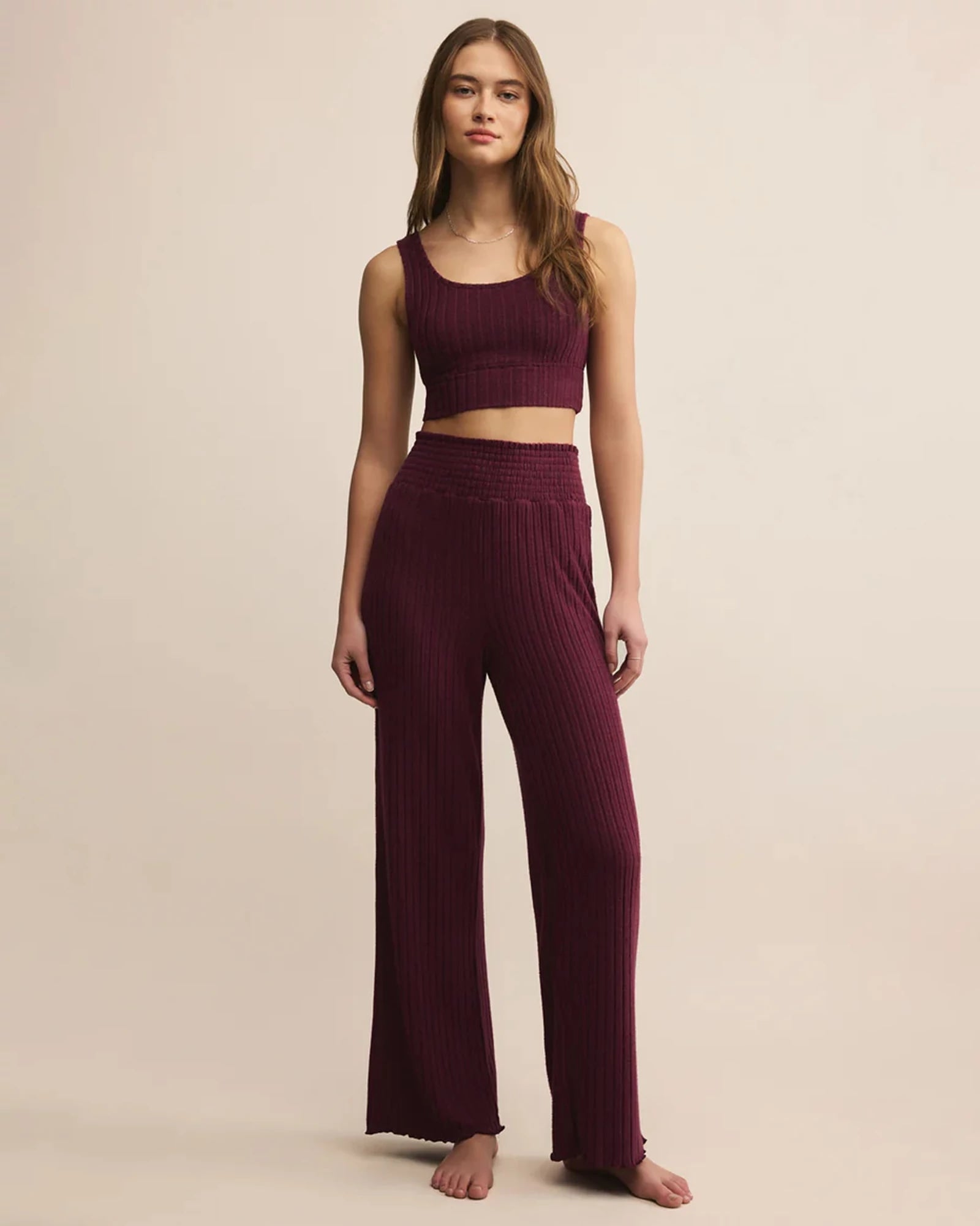 Merlot $|& Z Supply Lounge Dawn Smocked Ribbed Pant - VOF Detail