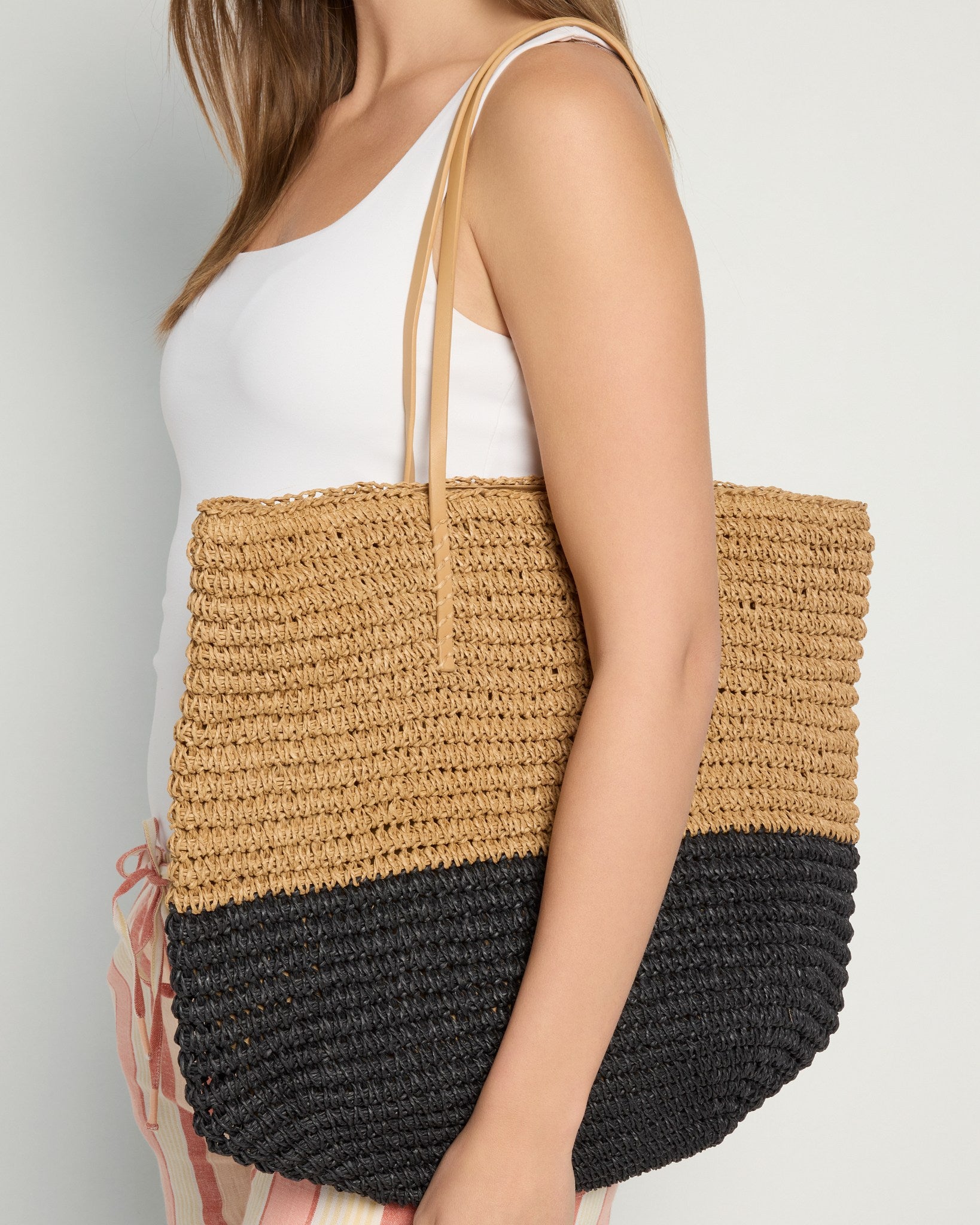 Black $|& Fame Accessories Two Tone Coastal Straw Tote - SOF Full Front