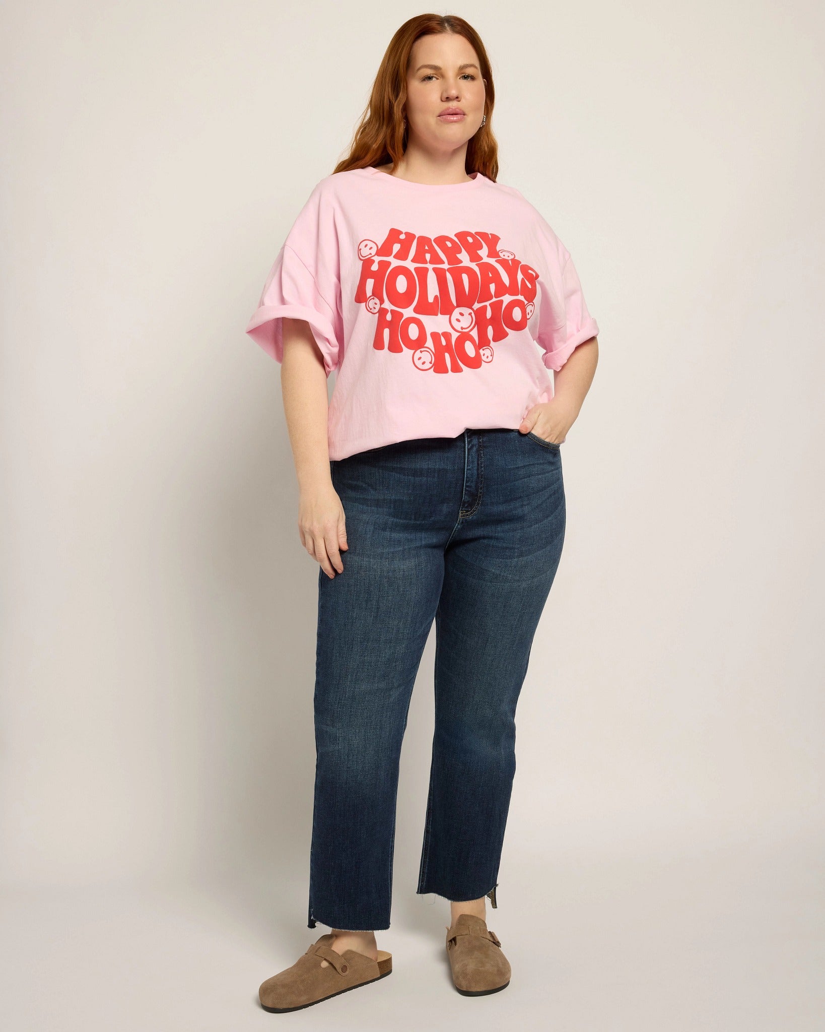 Pink $|& Baevely Happy Holidays Graphic Boyfriend Tee - UGC On Fig