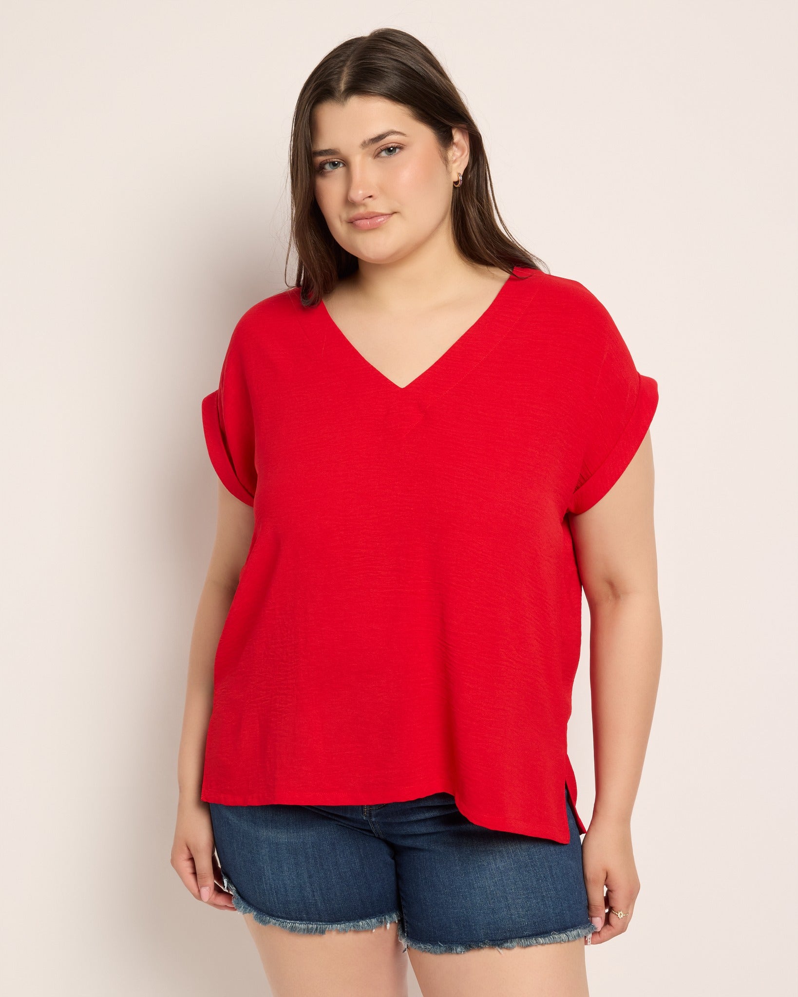 Red $|& Bobeau Relaxed V-Neck Top - SOF Front