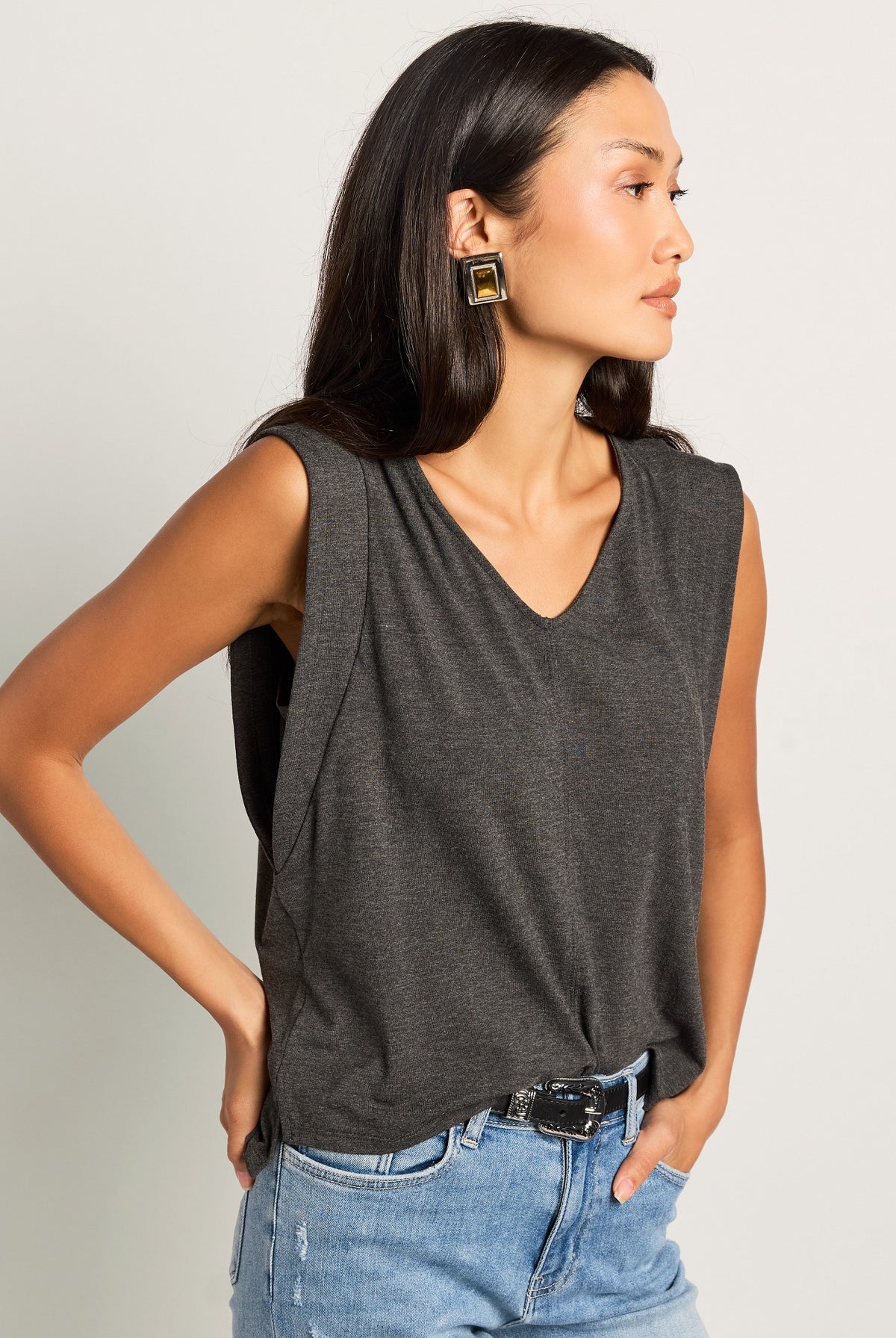 Charcoal Heather $|& SEAS Libre V-Neck Tank - SOF Front