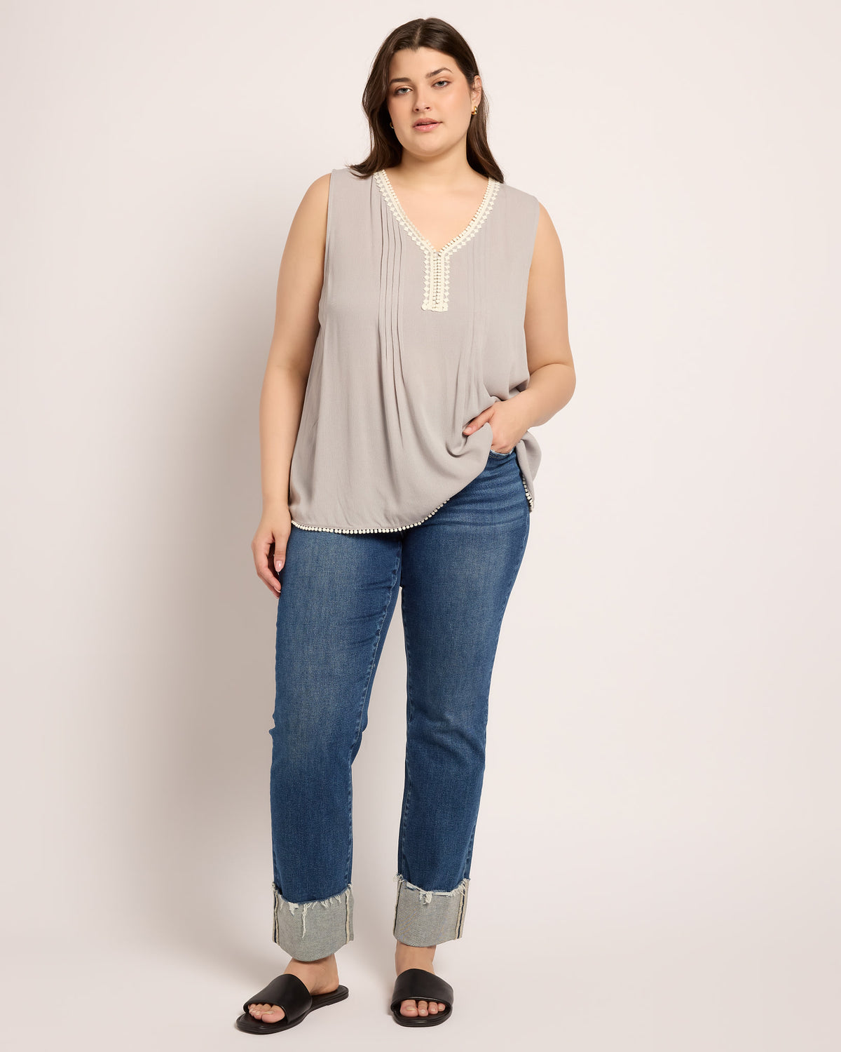 Dark Icy-Grey $|& Skies Are Blue Solid Trim Detail Blouse - UGC On Fig