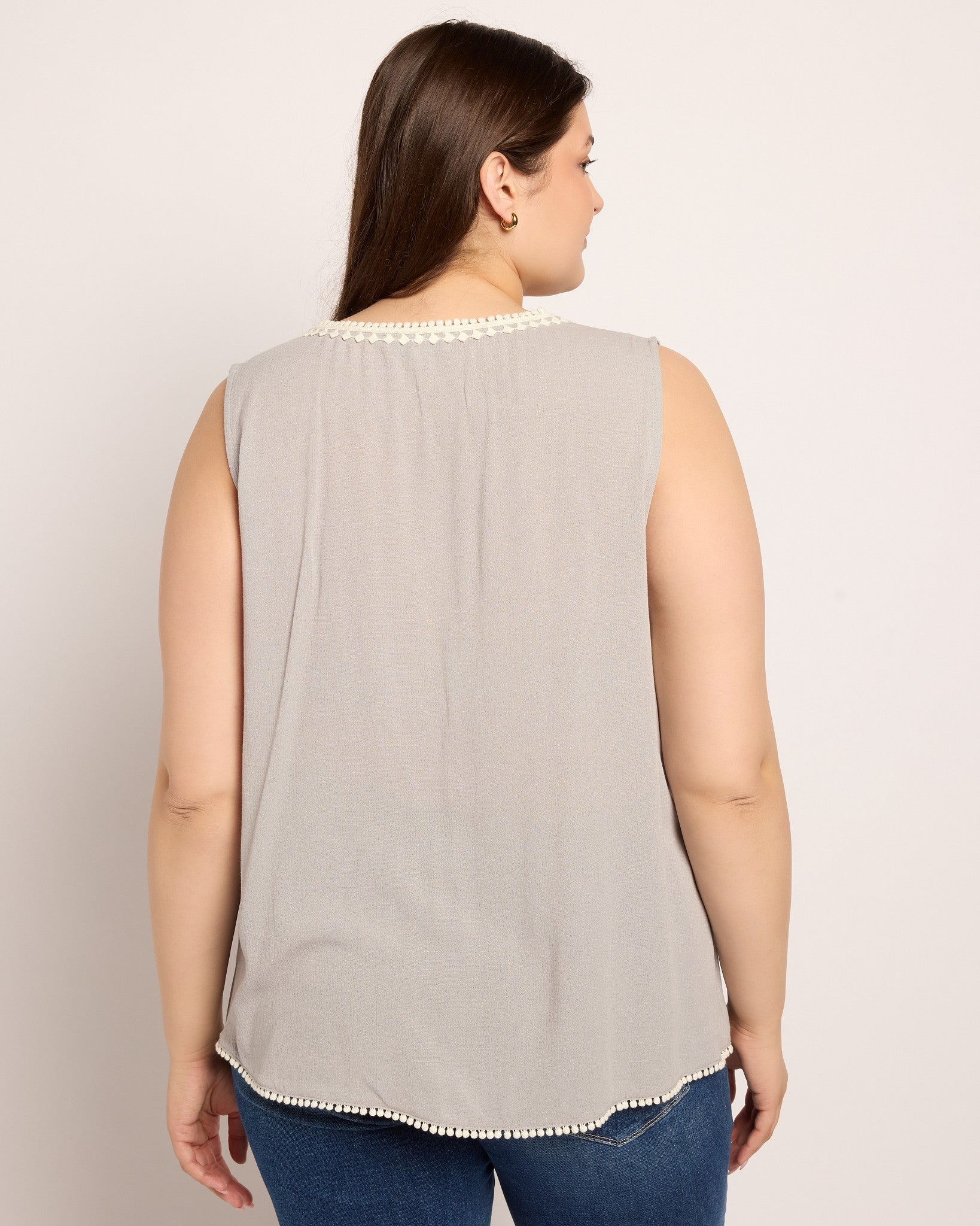Dark Icy Grey $|& Skies Are Blue Solid Trim Detail Blouse - SOF Back