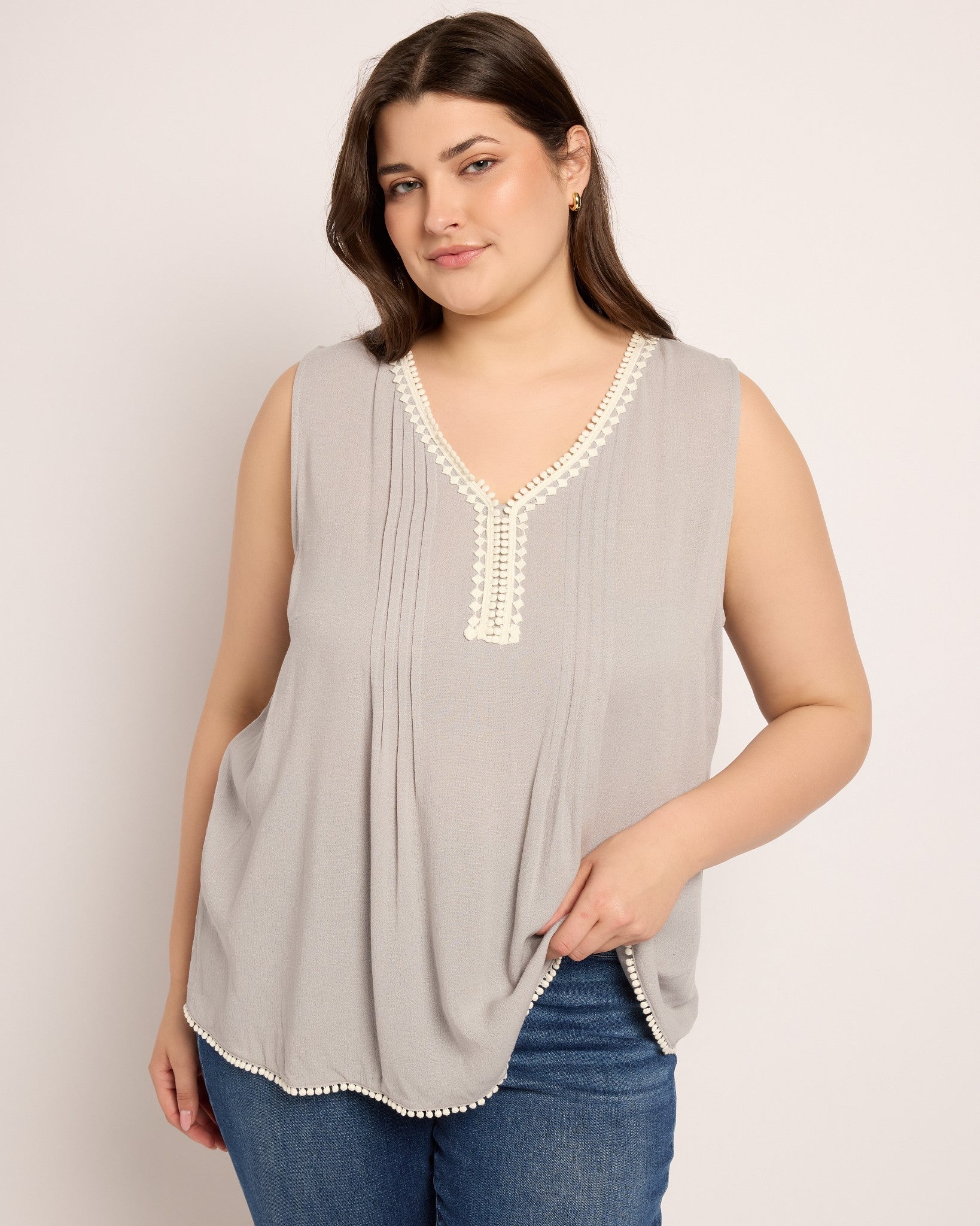 Dark Icy Grey $|& Skies Are Blue Solid Trim Detail Blouse - SOF Front