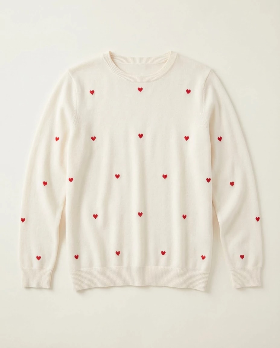 White/Red $|& Skies Are Blue Heart Embroidery Sweater Top - VOF Detail