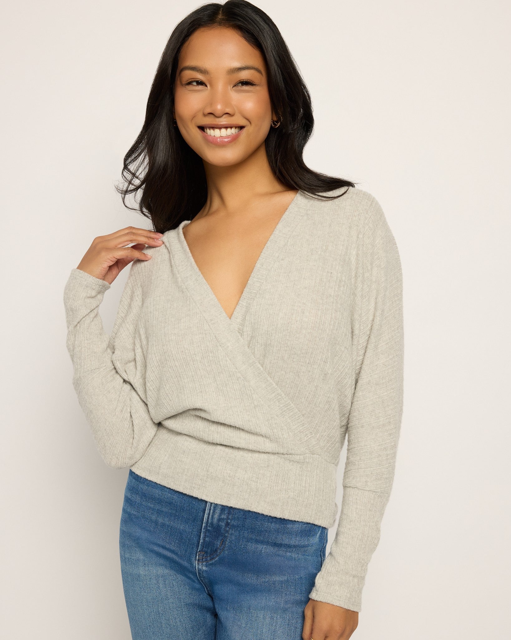 Heather Grey $|& Heimious Surplice Long Dolman Sleeve Ribbed Top - SOF Front