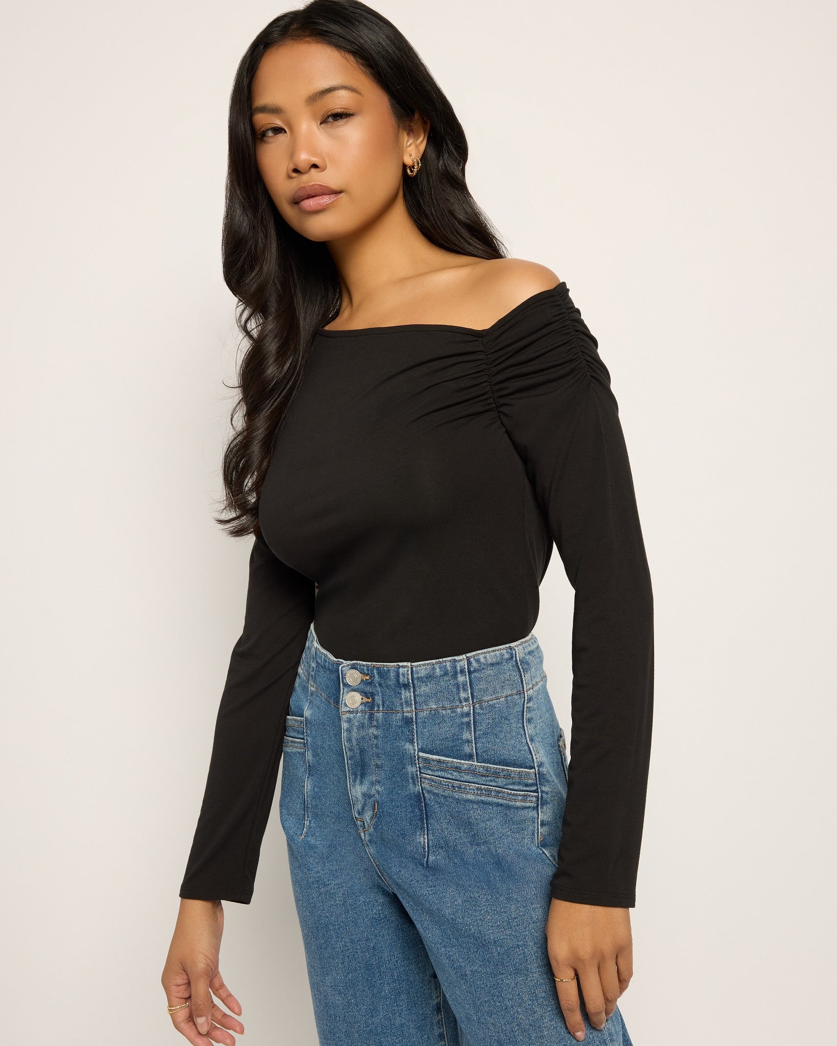 Black $|& Natural Life One Shoulder Long Sleeve Top - SOF Front
