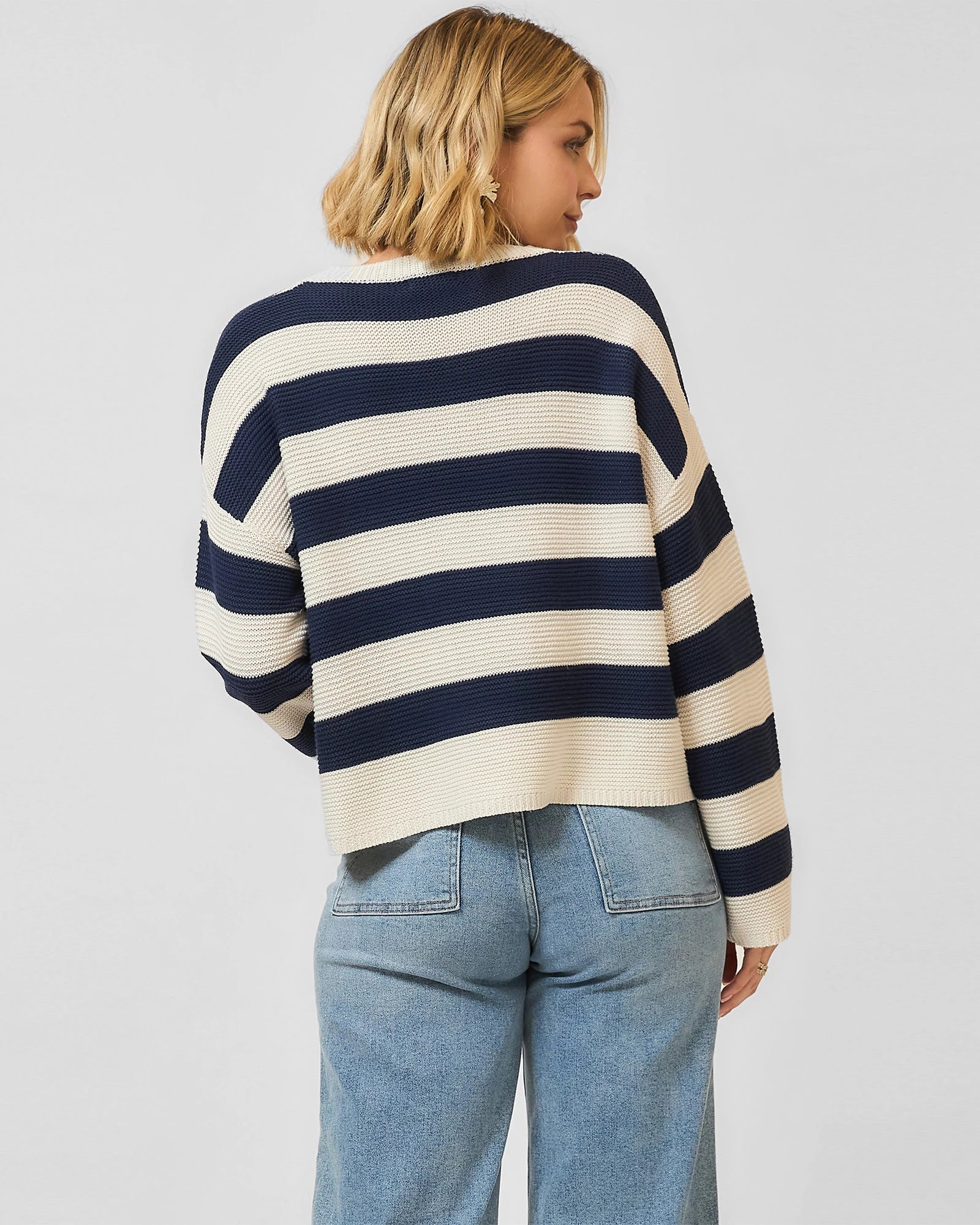 Navy $|& Cozy CO Striped Pullover Sweater - Hanger Side