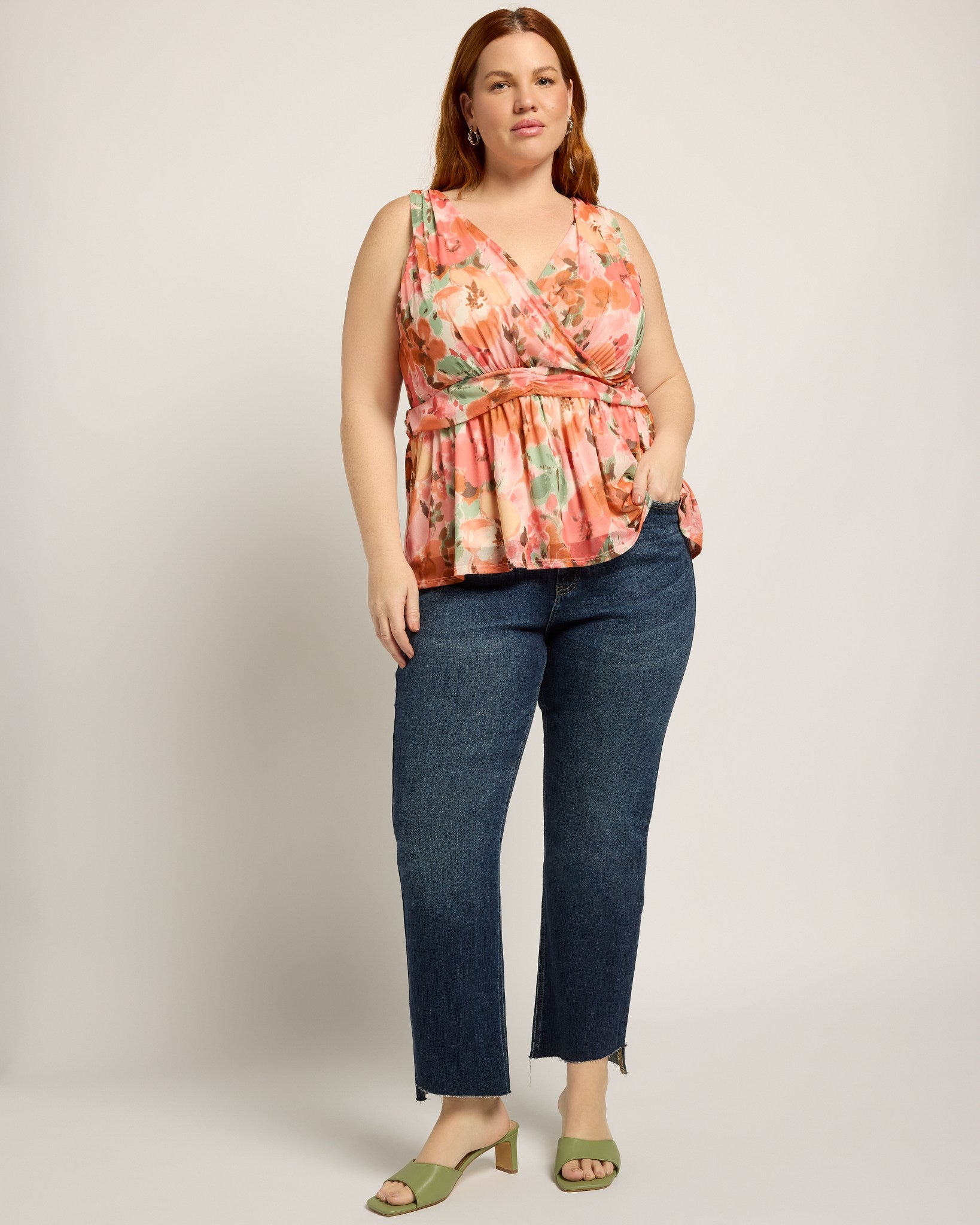Blush Bouquet Mesh $|& Loveappella Sleeveless Floral Wrap Peplum Top - UGC On Fig