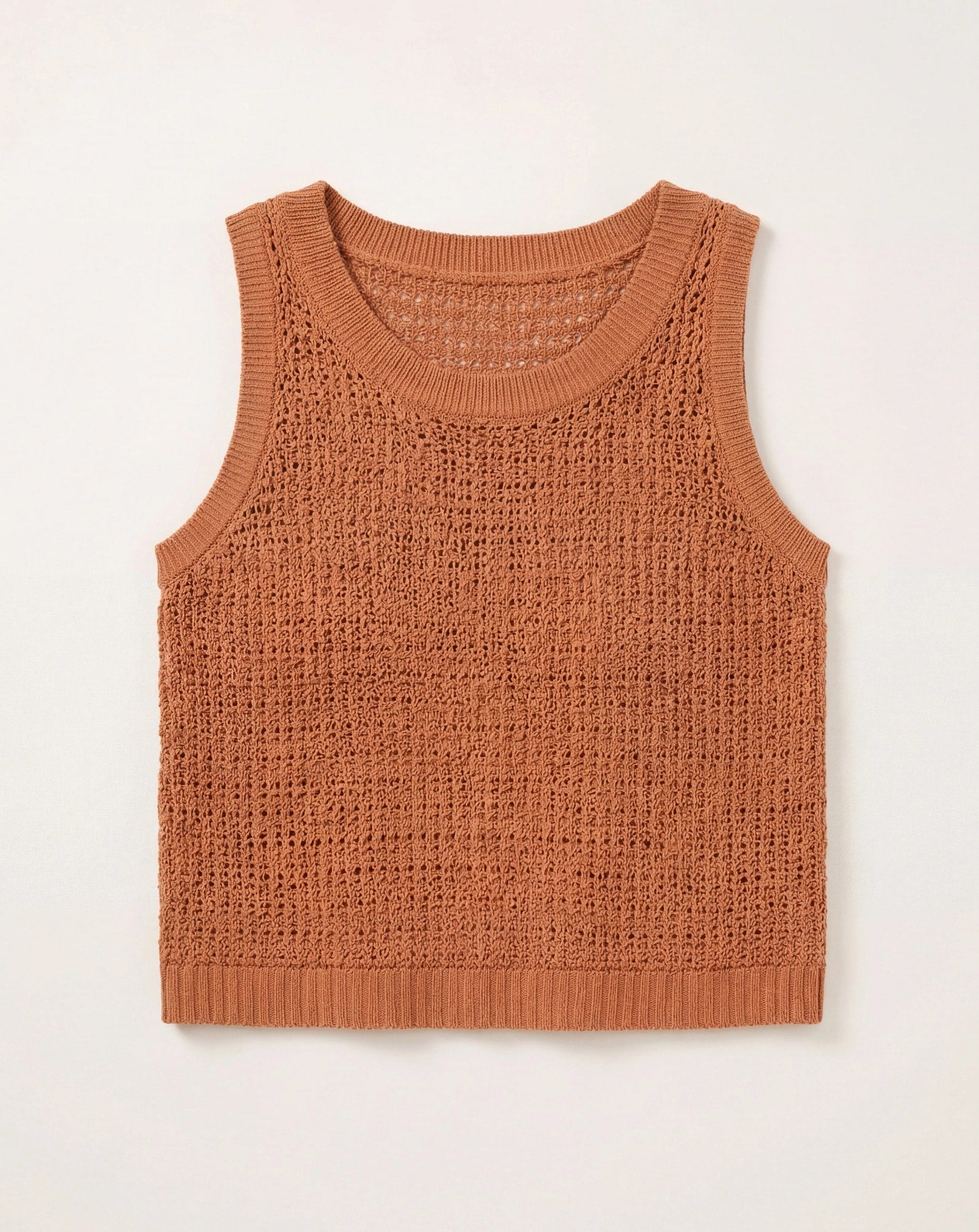 Caramel $|& Cozy CO Sleeveless Crochet Sweater - Hanger Detail