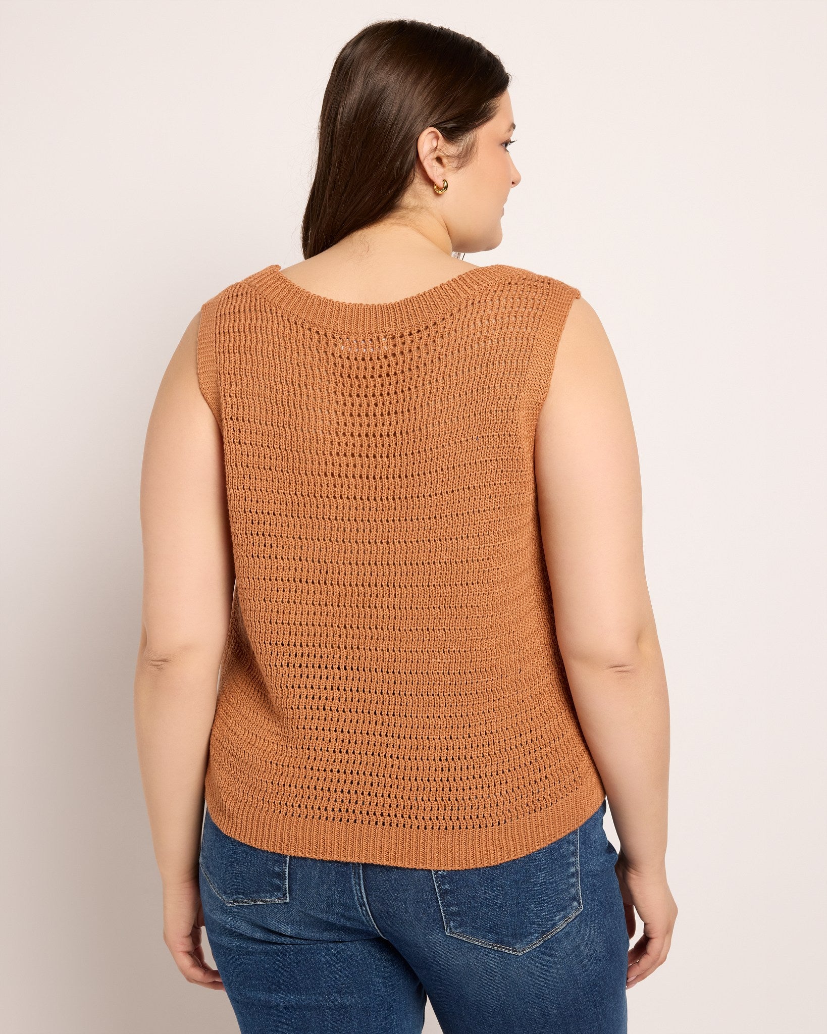 Caramel $|& Cozy CO Sleeveless Crochet Sweater - SOF Back