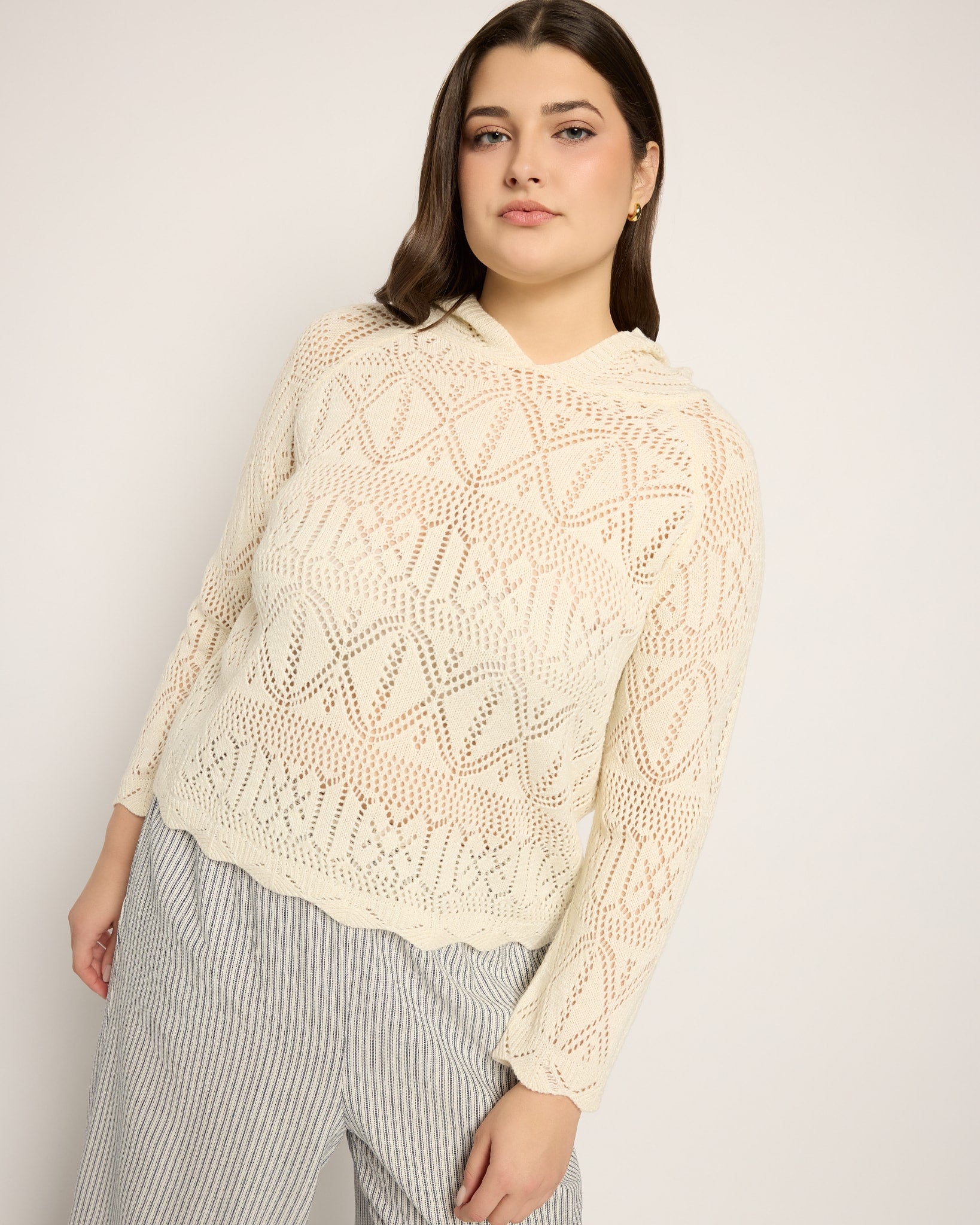 Off White $|& Cozy CO Hooded Crochet Sweater - SOF Front
