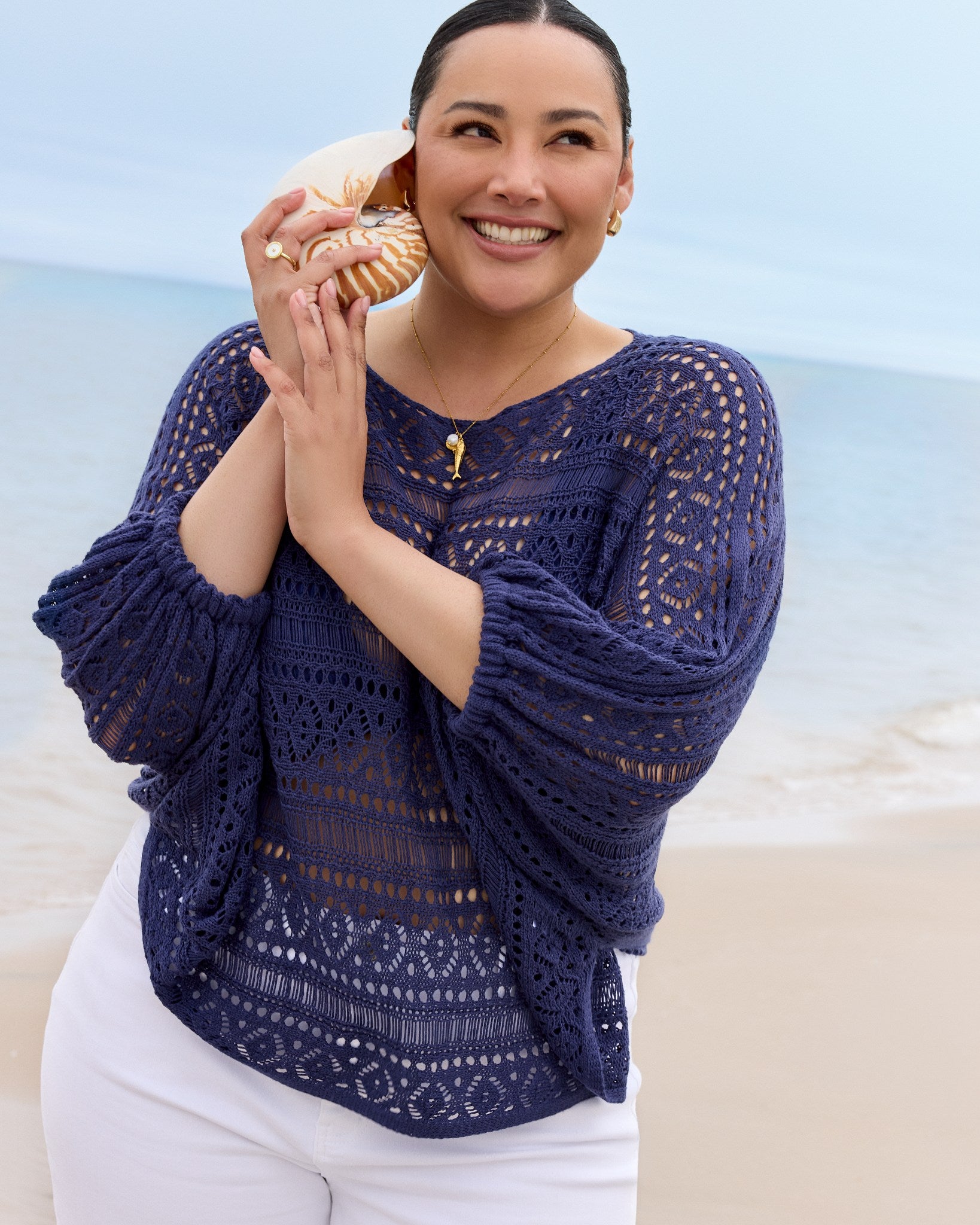Navy $|& Cozy CO Open Knit Dolman Sleeve Cover Up Pullover - SOF Side